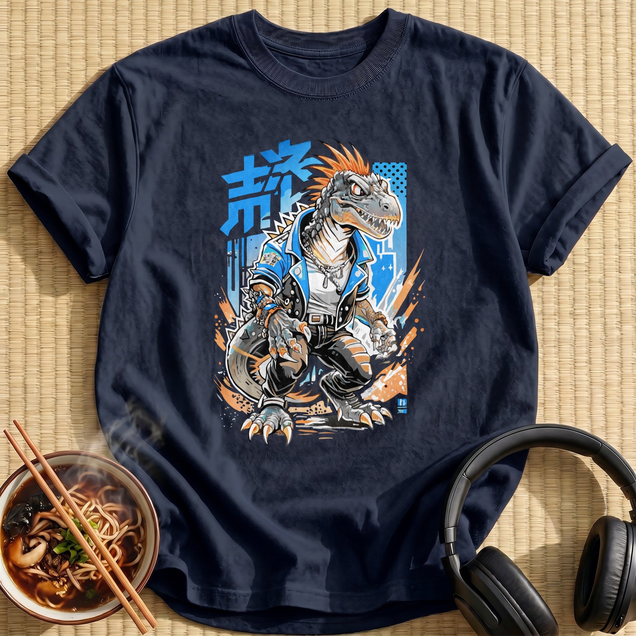 Punk Raptor Dinosaur Leather Jacket - Navy