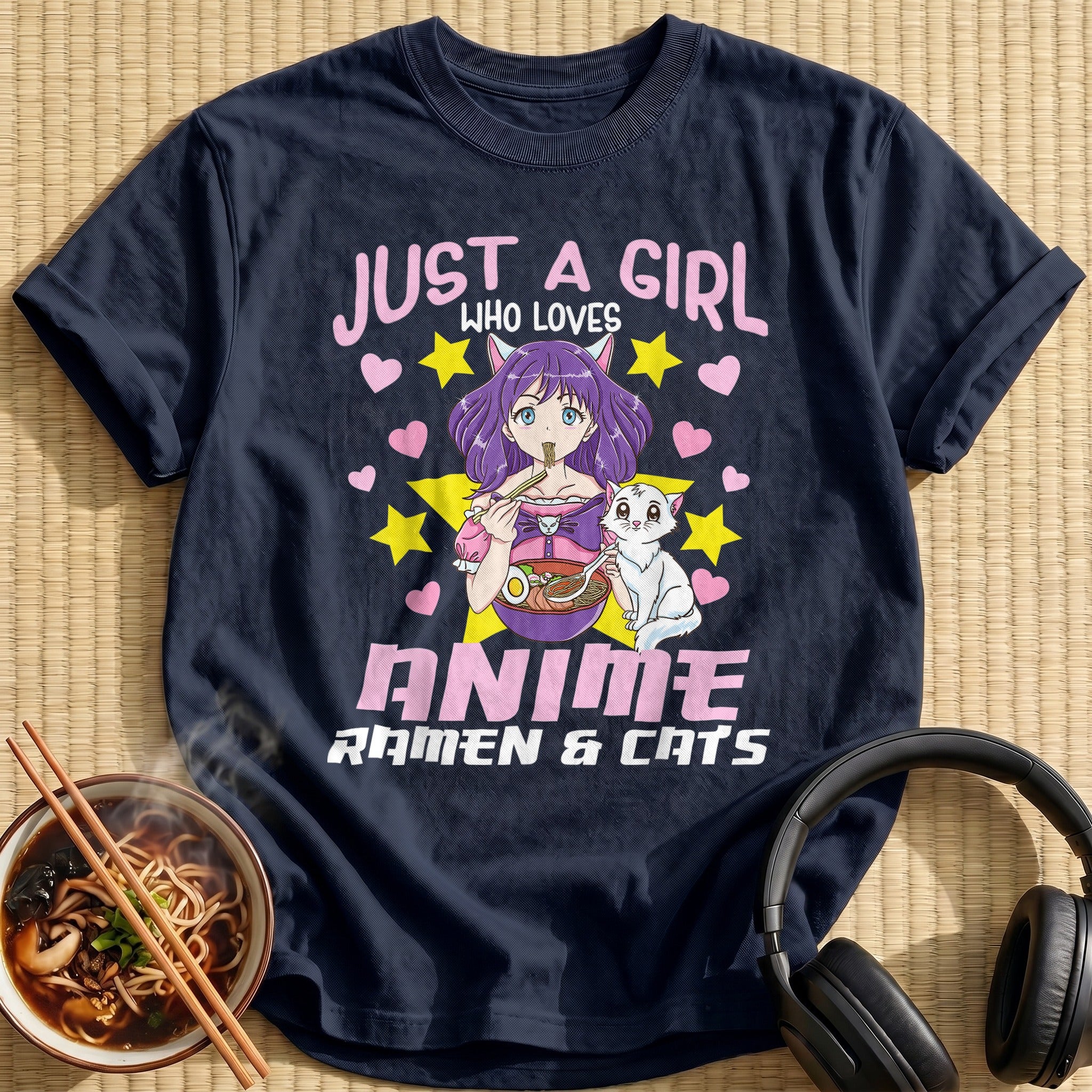 Purple Girl Eating Ramen White Cat - Navy