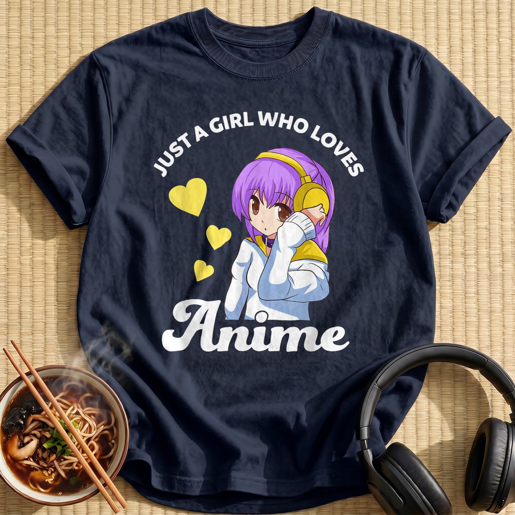 Purple Hair Girl Yellow Headphones Hearts - Navy