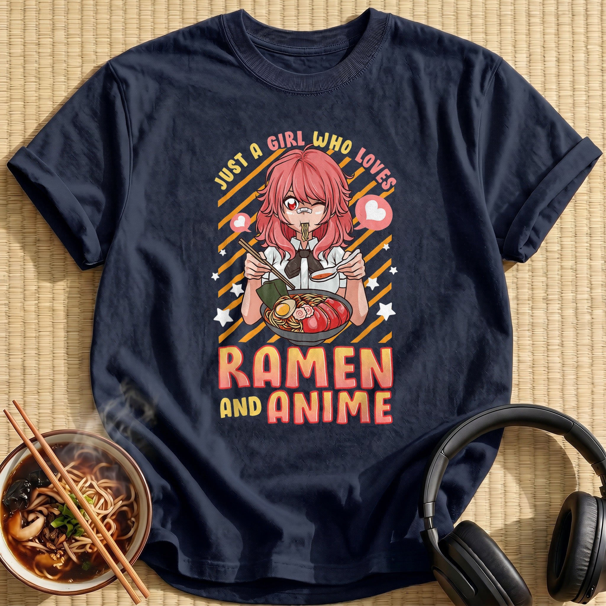 Red Haired Girl Eating Ramen Noodles - Navy