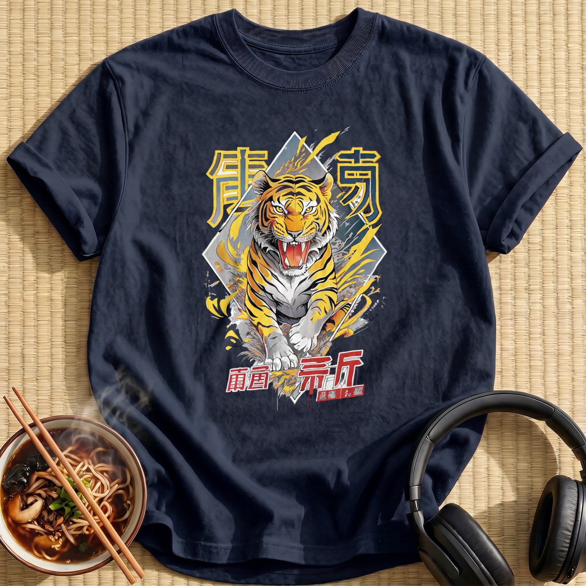 Roaring Yellow Tiger Lightning Kanji - Navy
