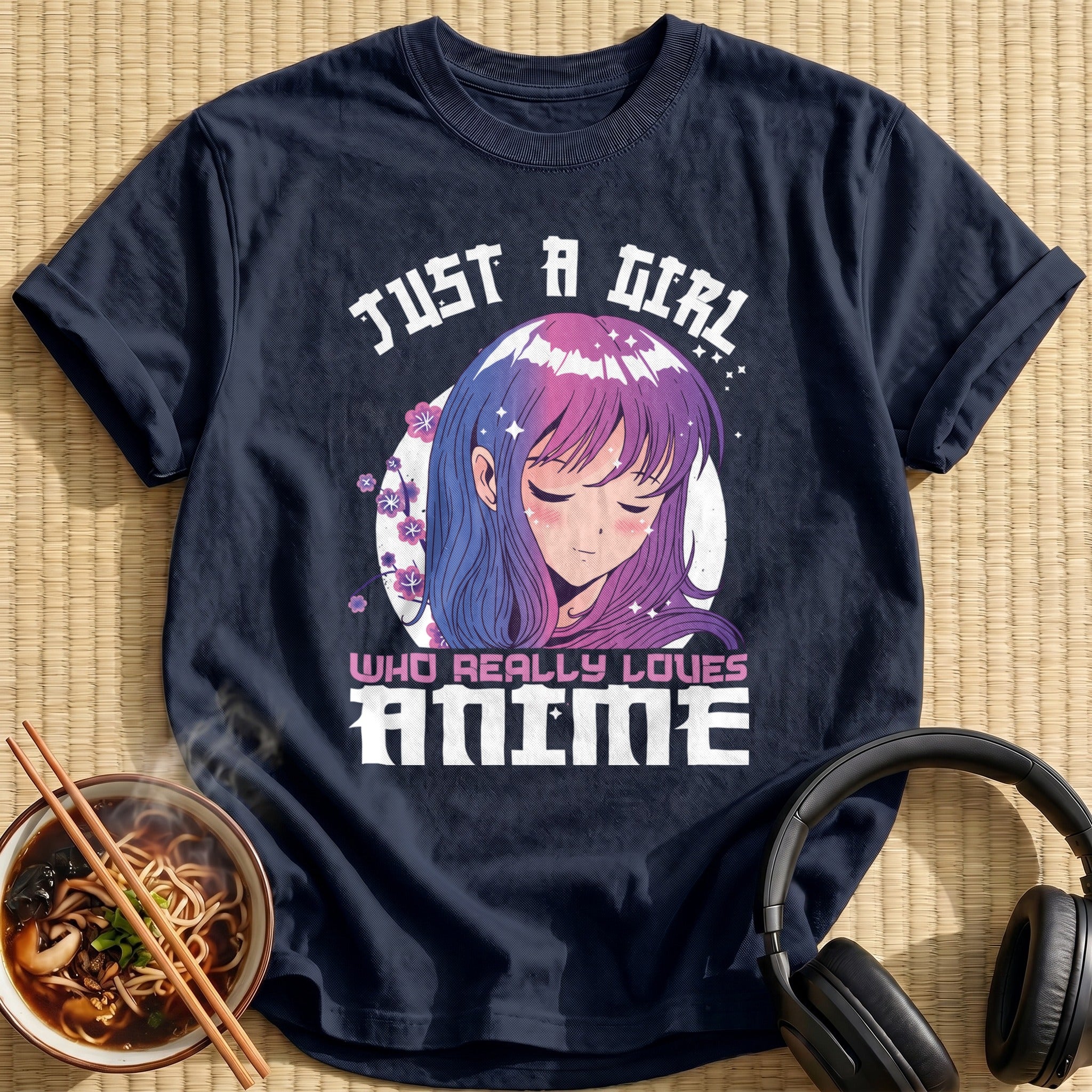 Sleepy Purple Haired Anime Girl Blossoms - Navy