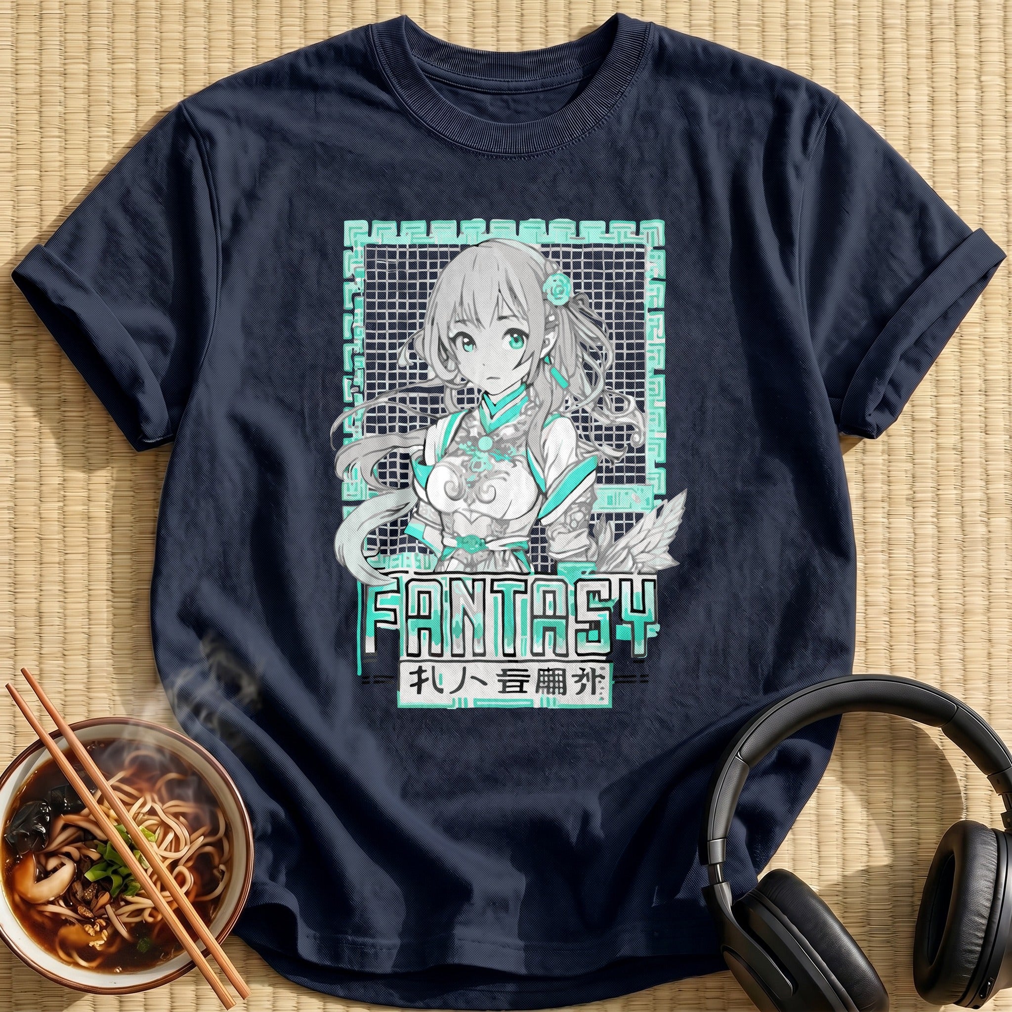 Teal Fantasy Anime Maiden Portrait - Navy