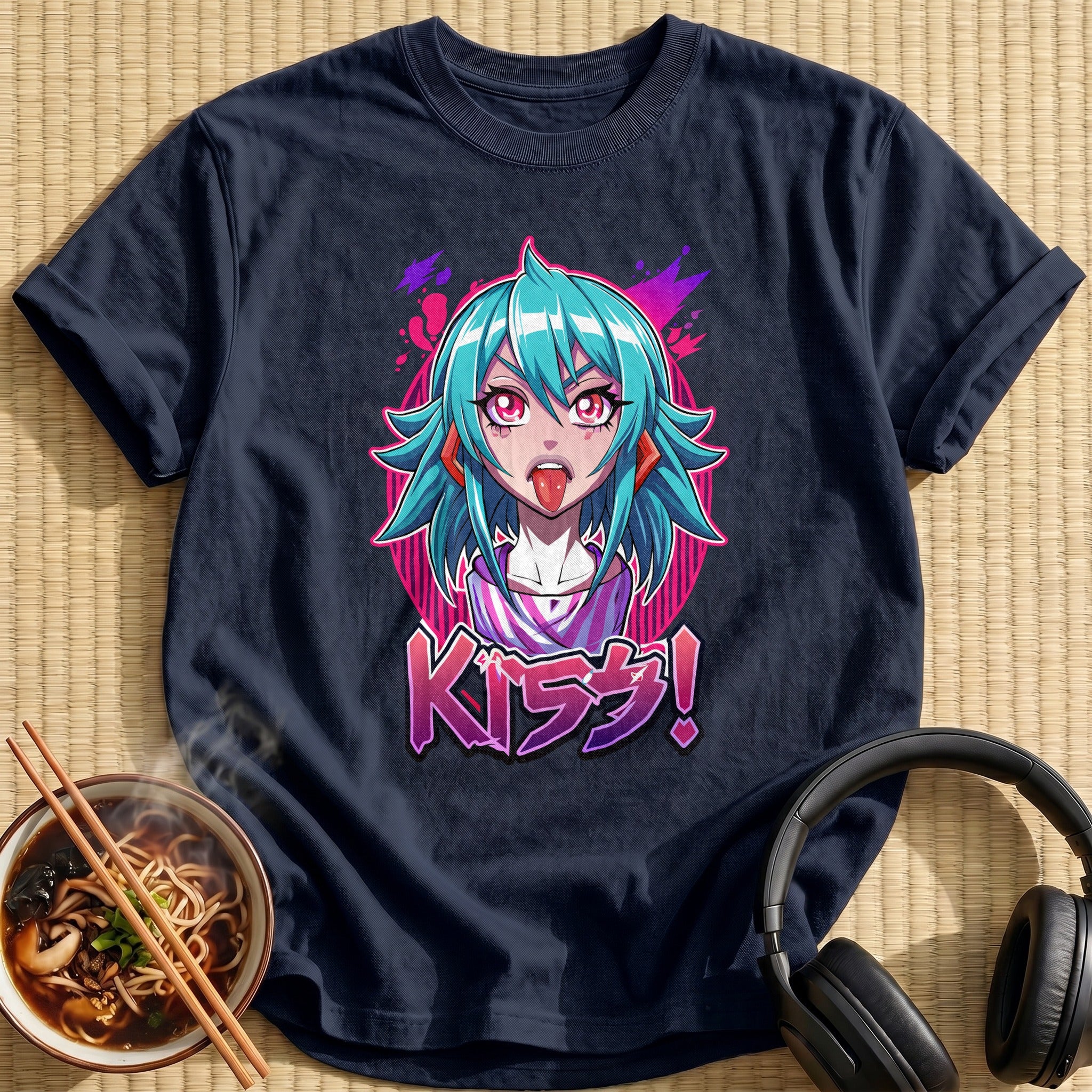 Teal Hair Anime Girl Kiss - Navy