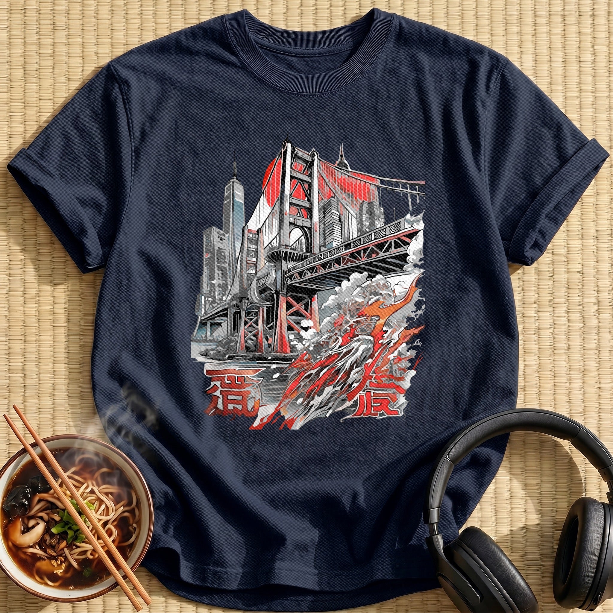 Tokyo Bridge Skyline Crashing Wave - Navy