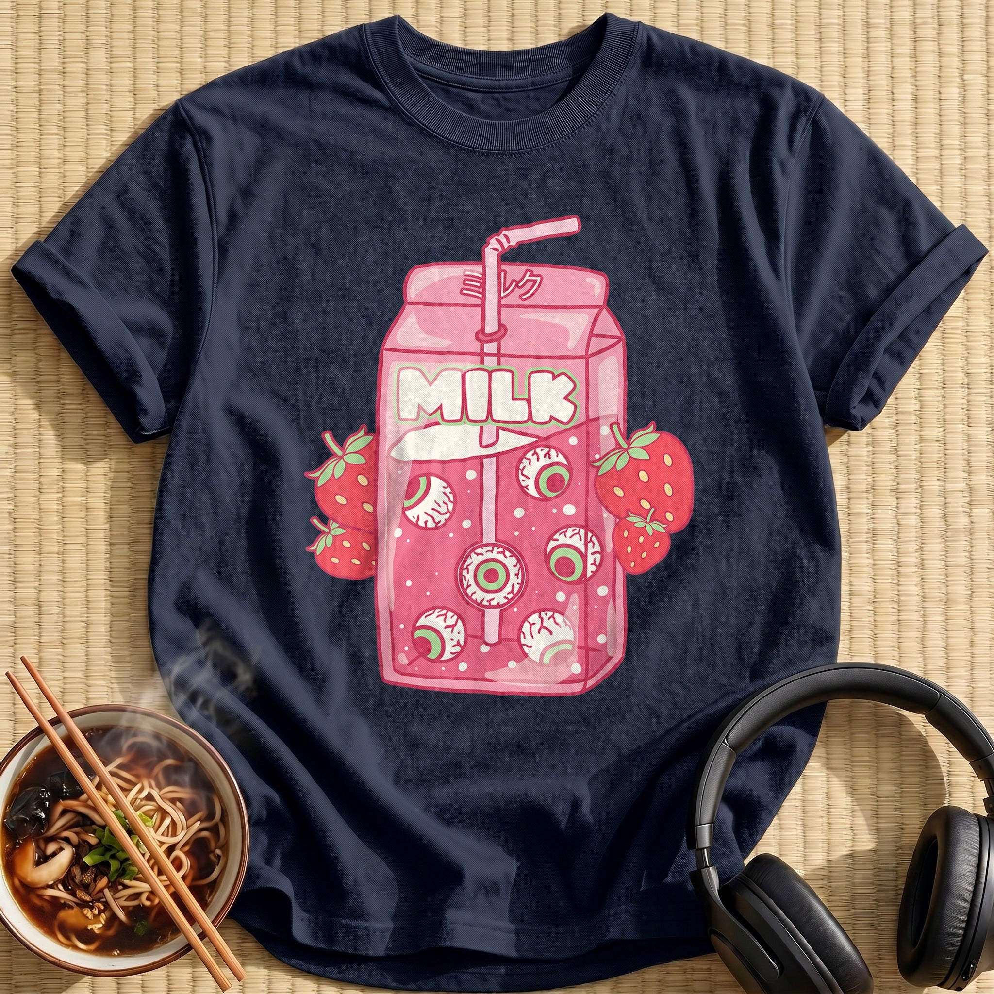 Weirdcore Strawberry Eyeball Milk Carton - Navy