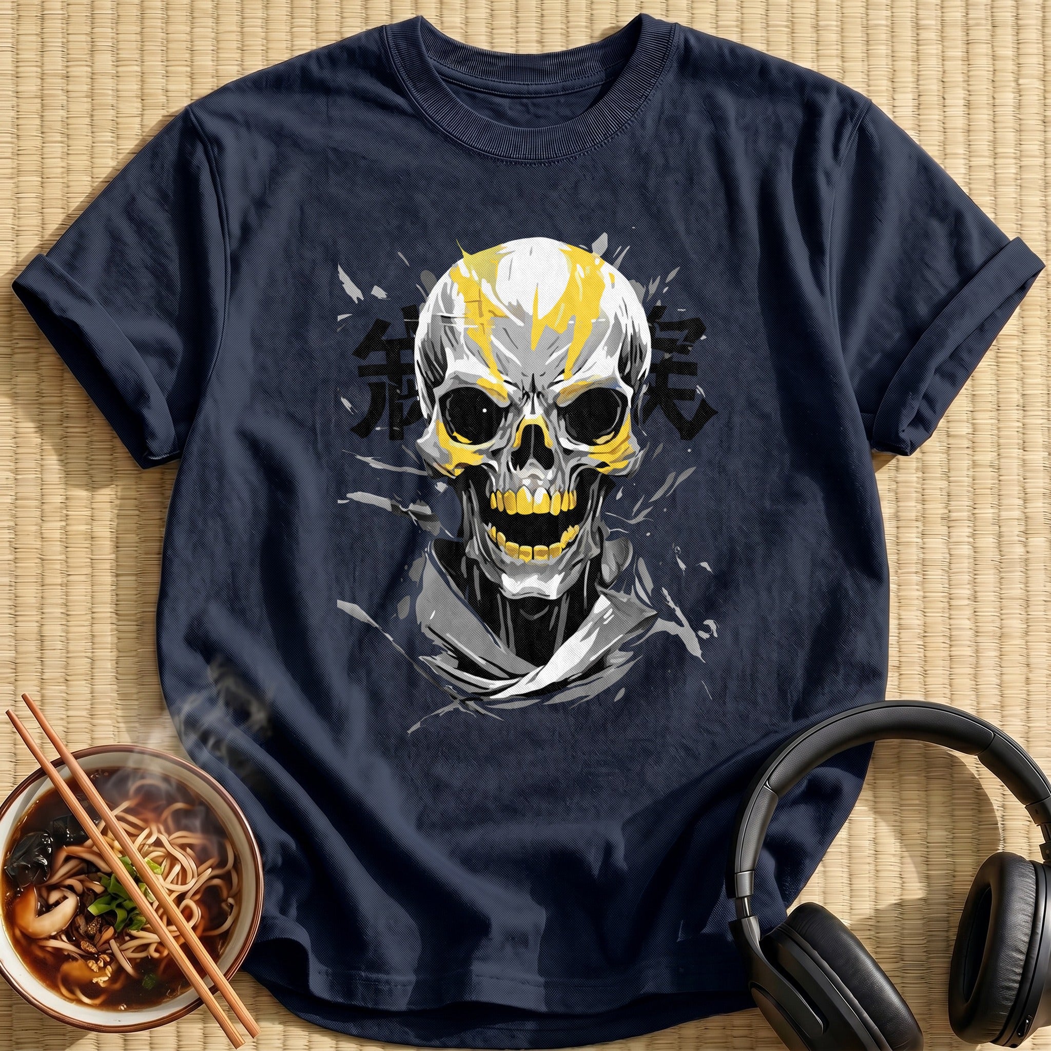Yellow Flame Grinning Human Skull - Navy