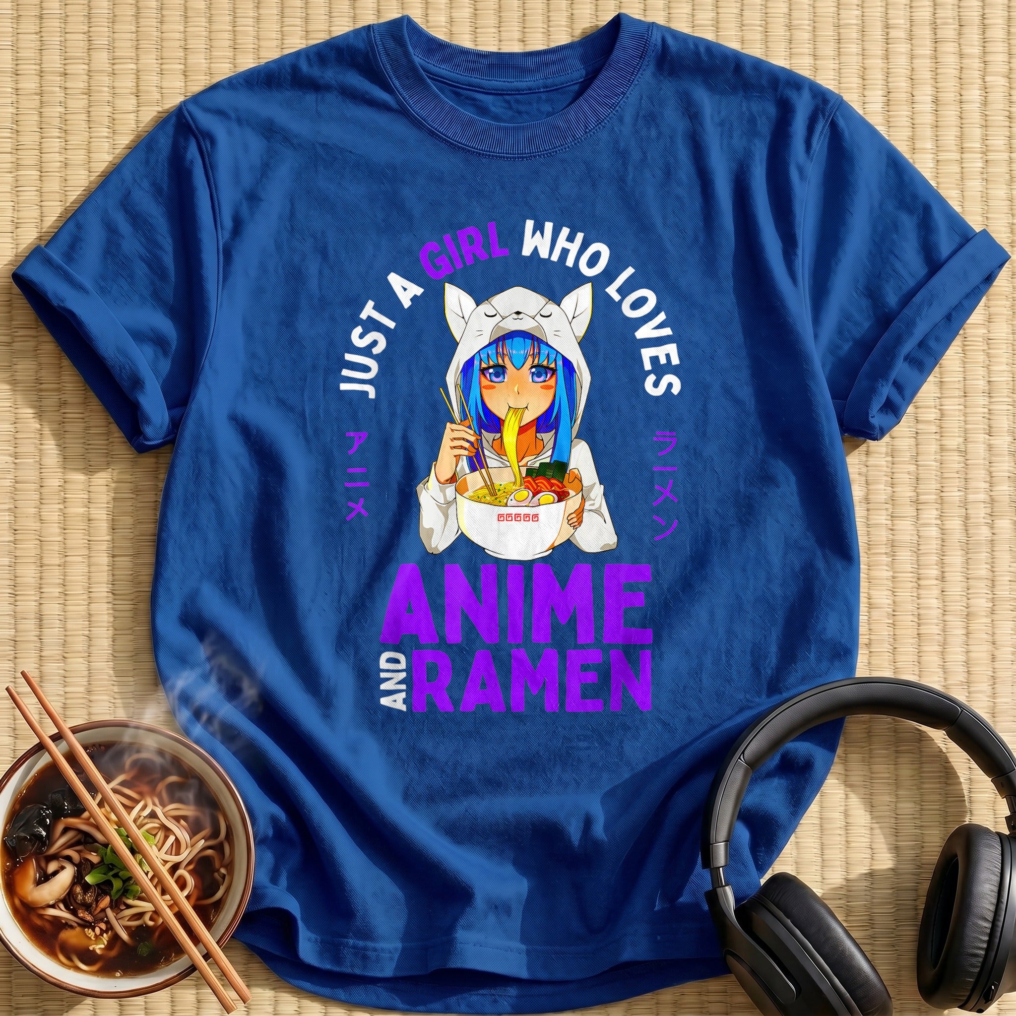 Cat Hoodie Girl Eating Ramen Noodles - Royal