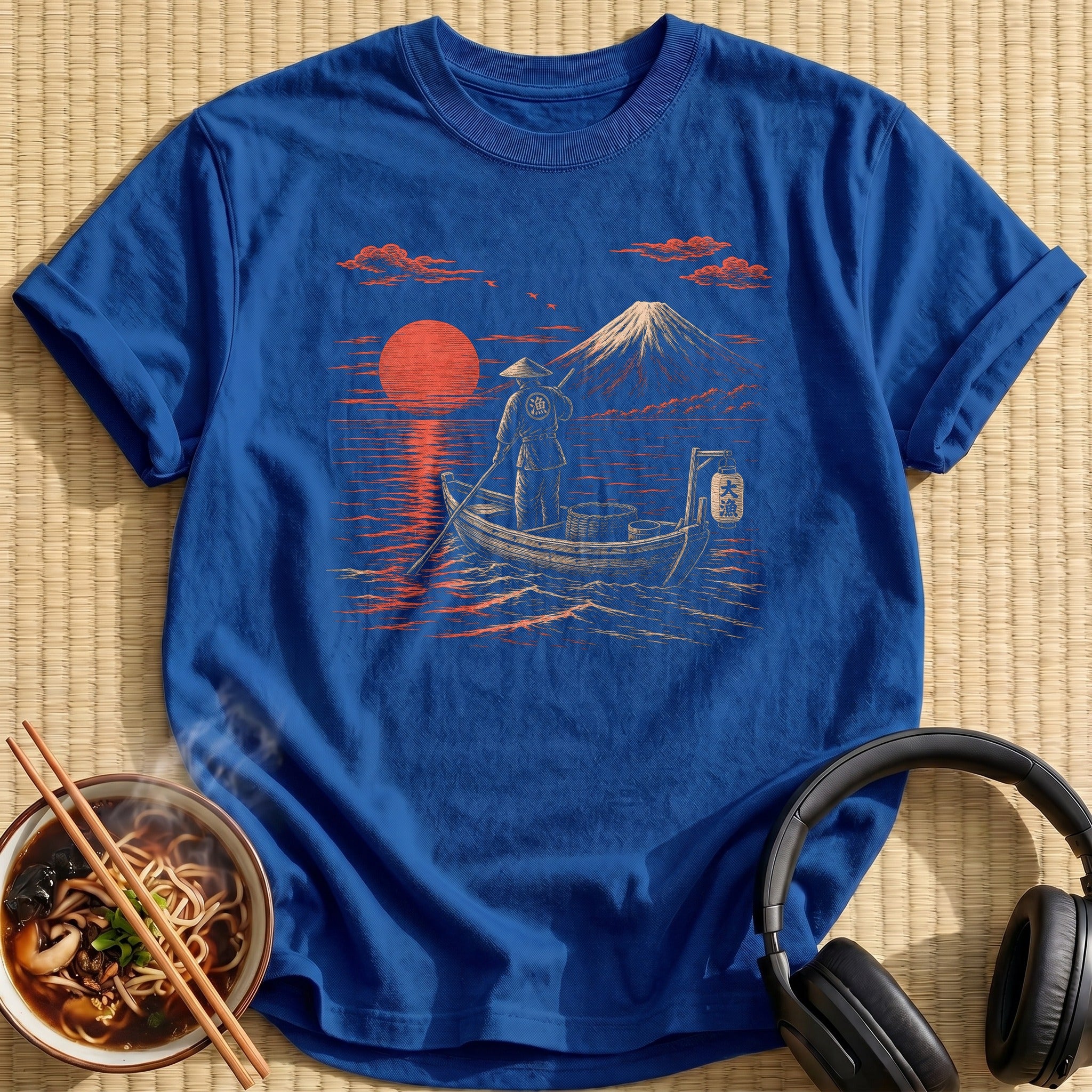 Japanese Fisherman Boat Red Sunset