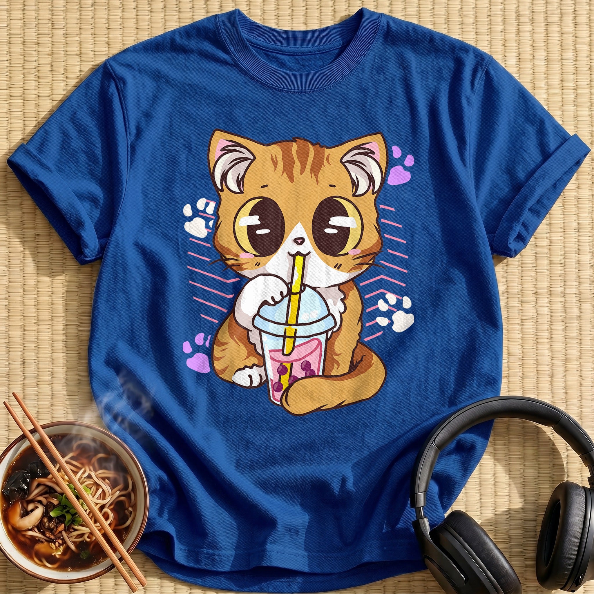 Kawaii Kitten Sipping Bubble Tea - Royal
