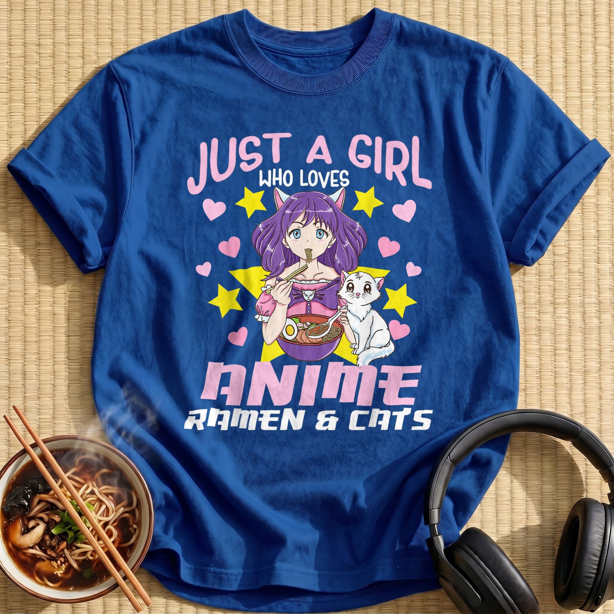 Purple Girl Eating Ramen White Cat - Royal