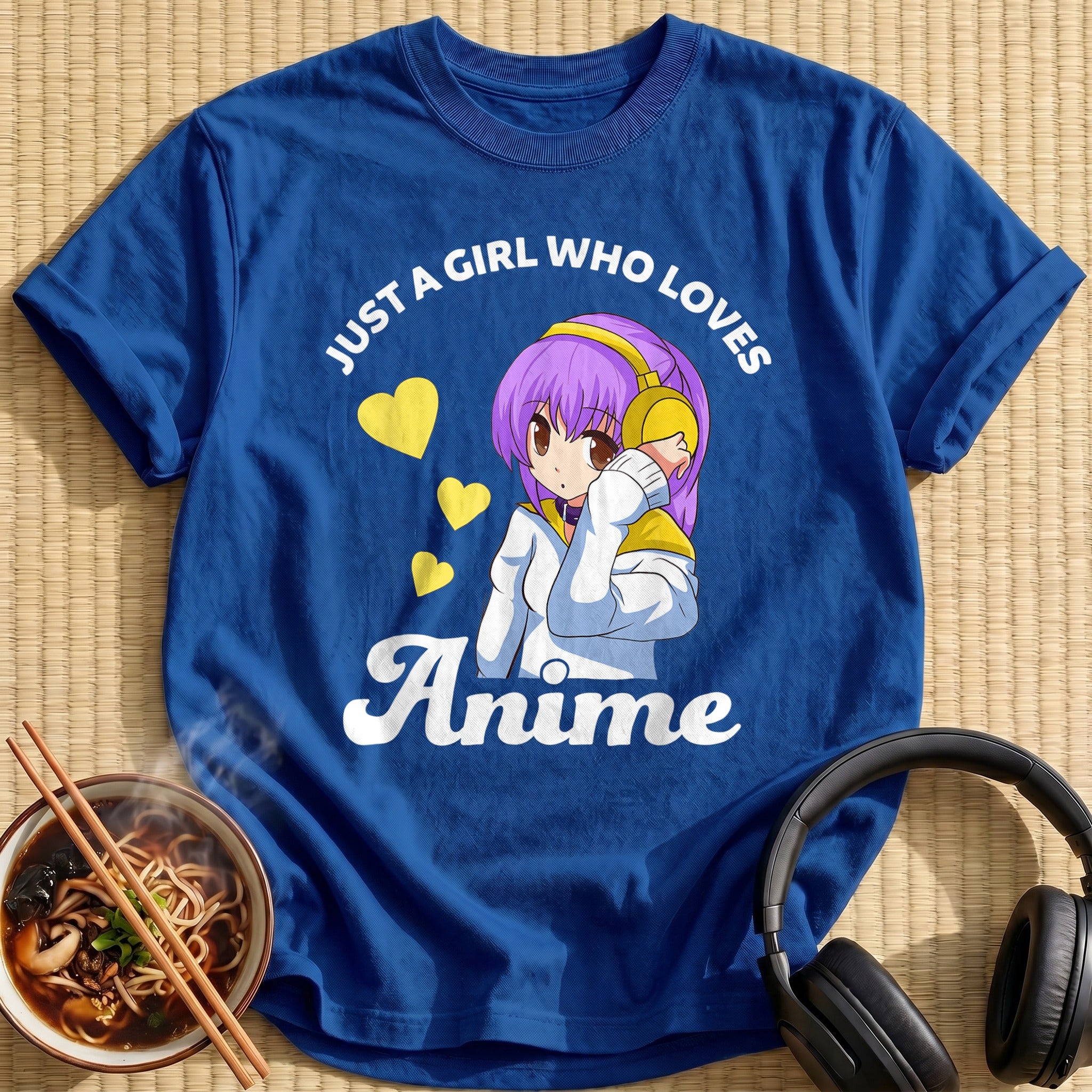 Purple Hair Girl Yellow Headphones Hearts - Royal