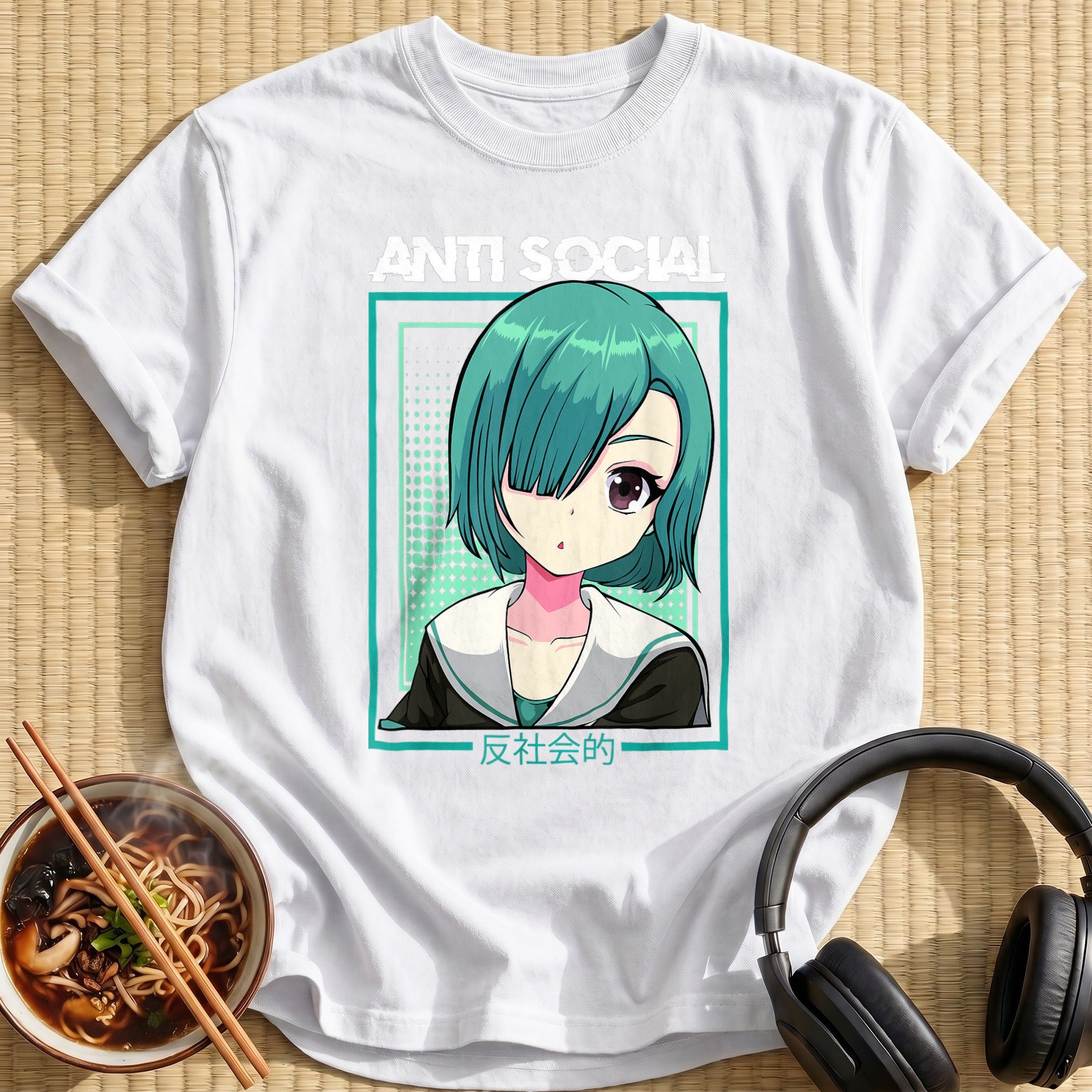 Anti Social Teal Hair Anime Girl - White