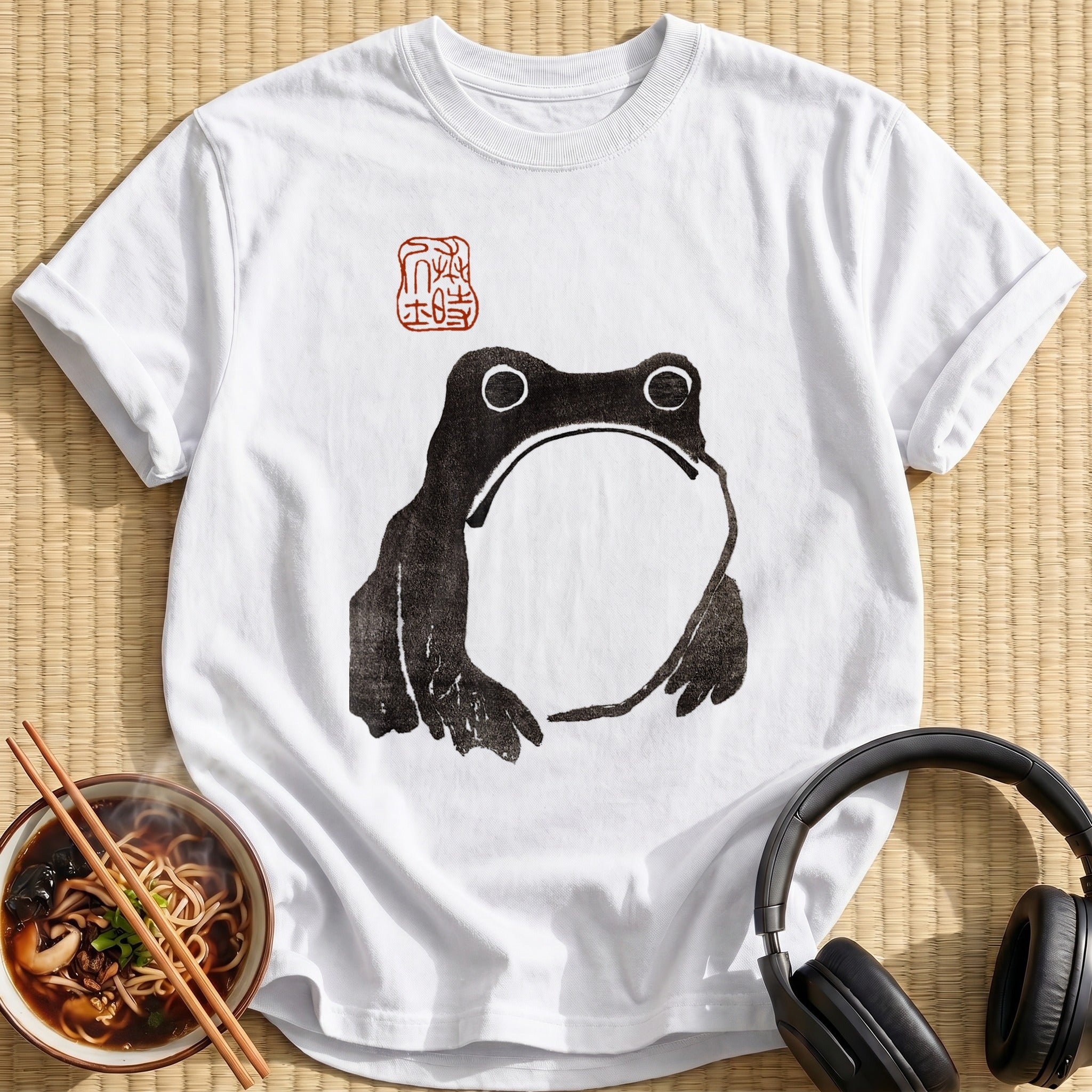Black Ink Stamp Grumpy Frog - White