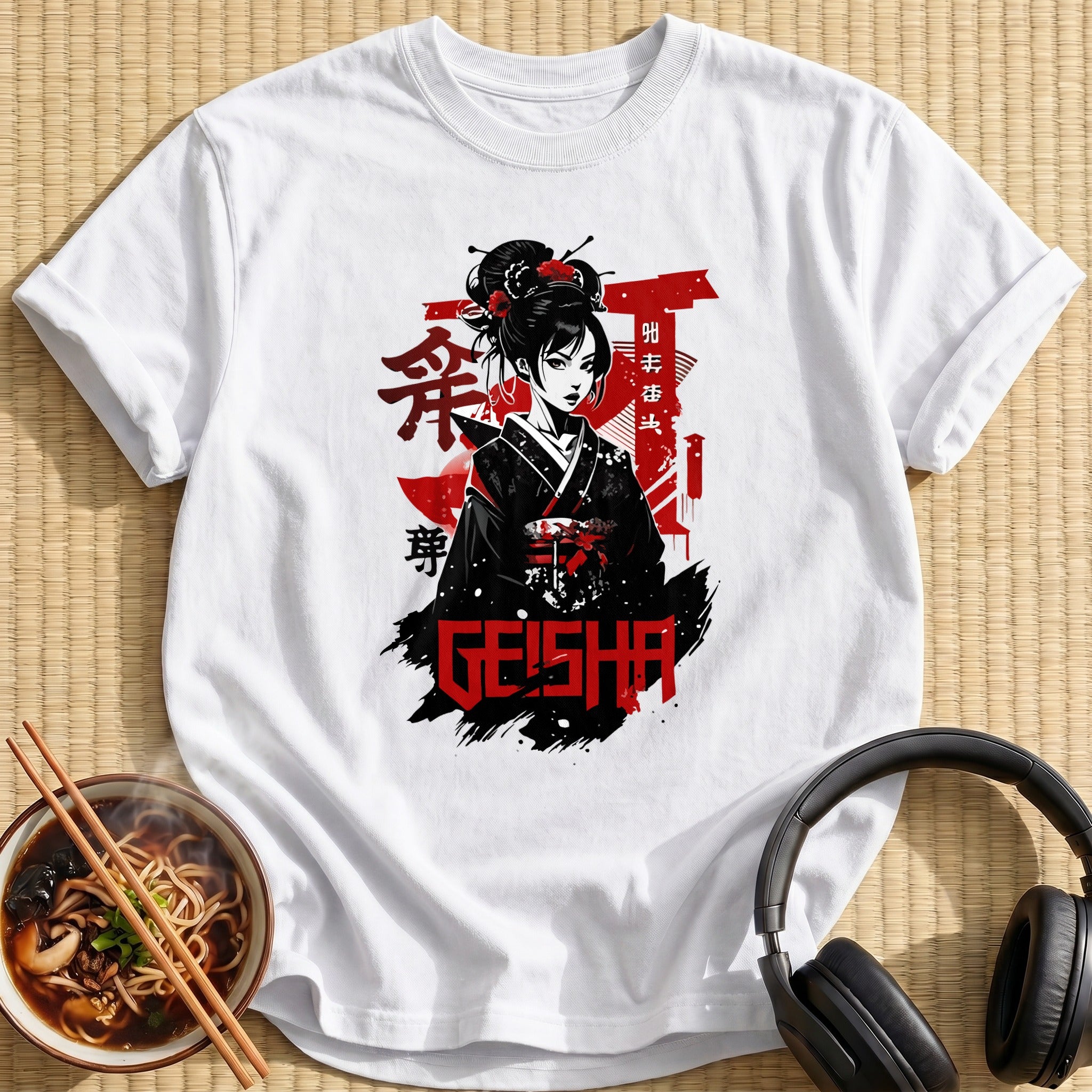 Black Red Geisha Kimono Portrait - White