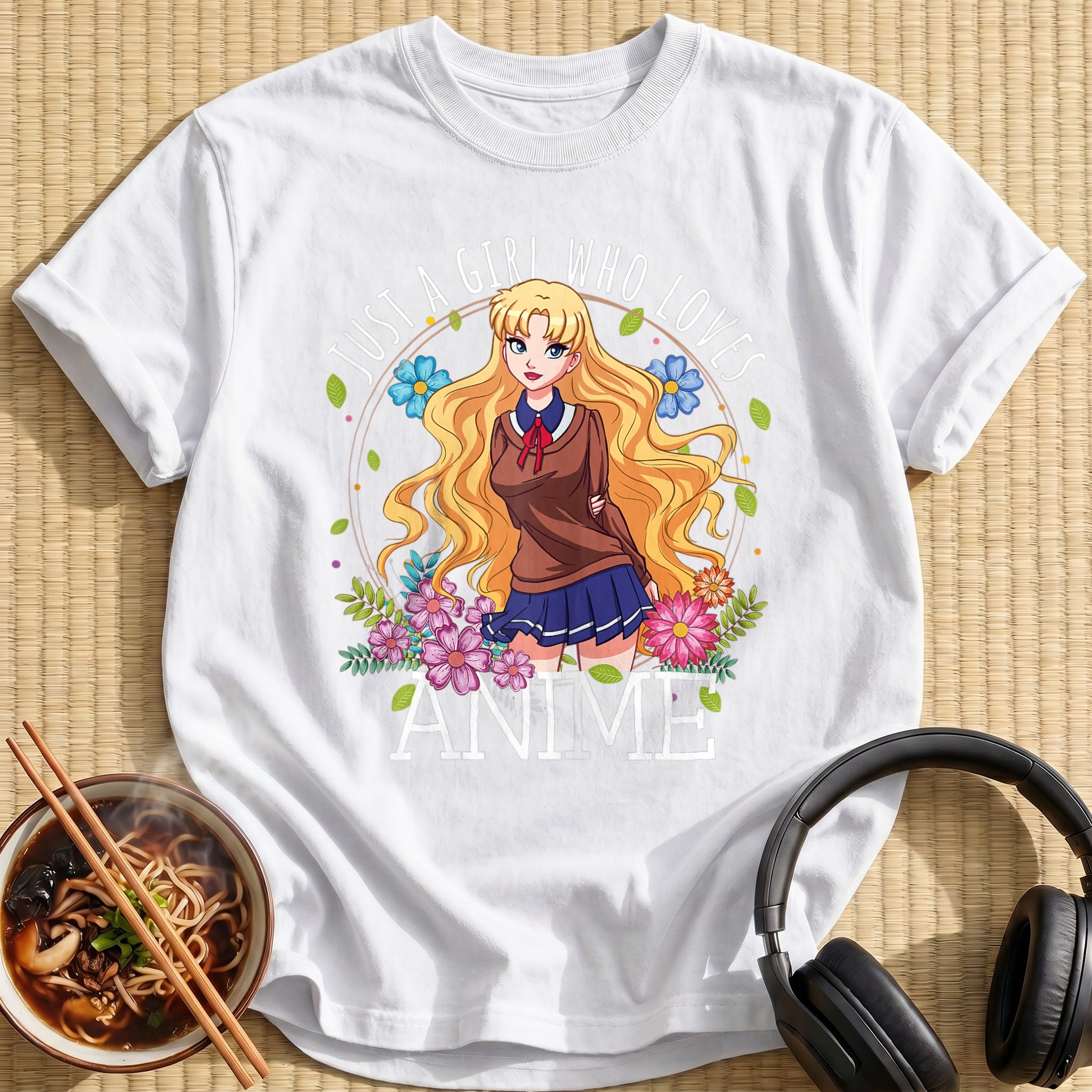Blonde Flower Girl Blue Skirt Portrait - White