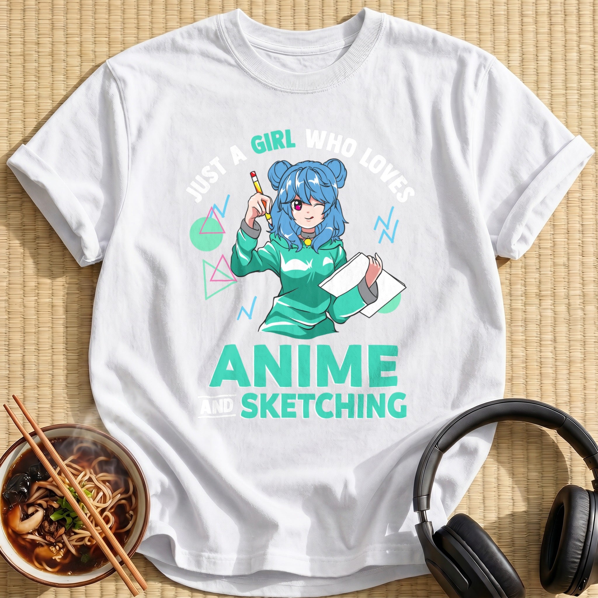 Blue Hair Sketching Girl Green Hoodie - White