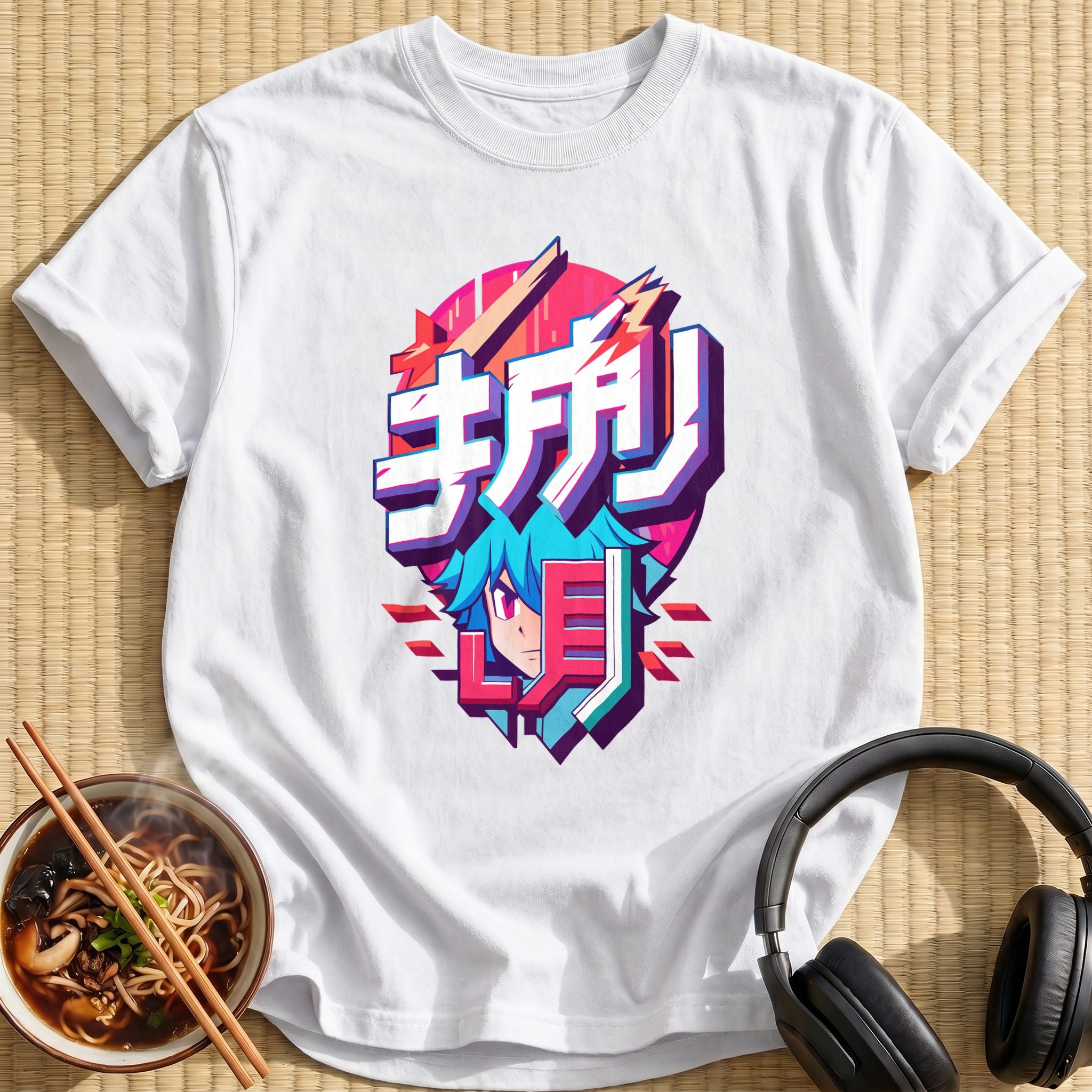 Blue Haired Anime Boy Typography - White