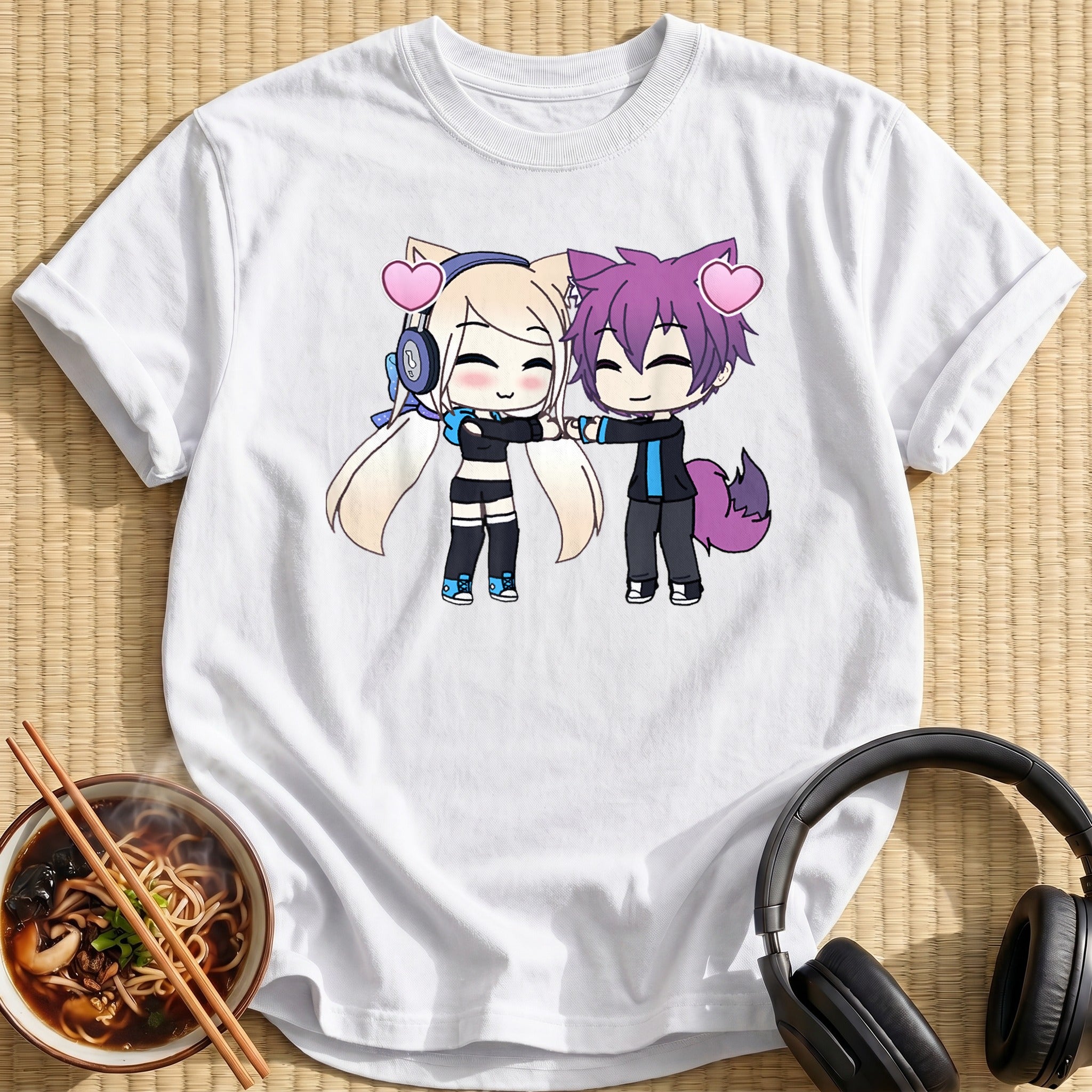 Chibi Cat Ear Couple Hearts - White