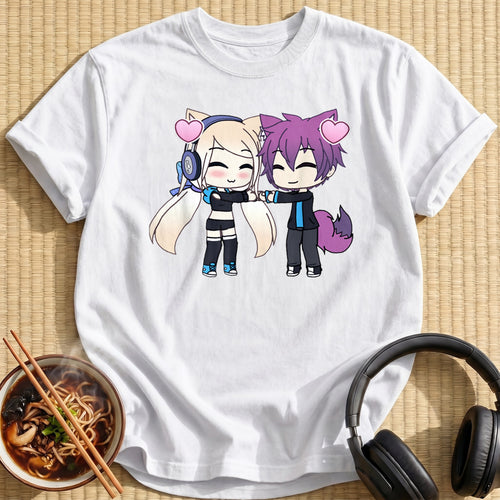 Chibi Cat Ear Couple Hearts - White