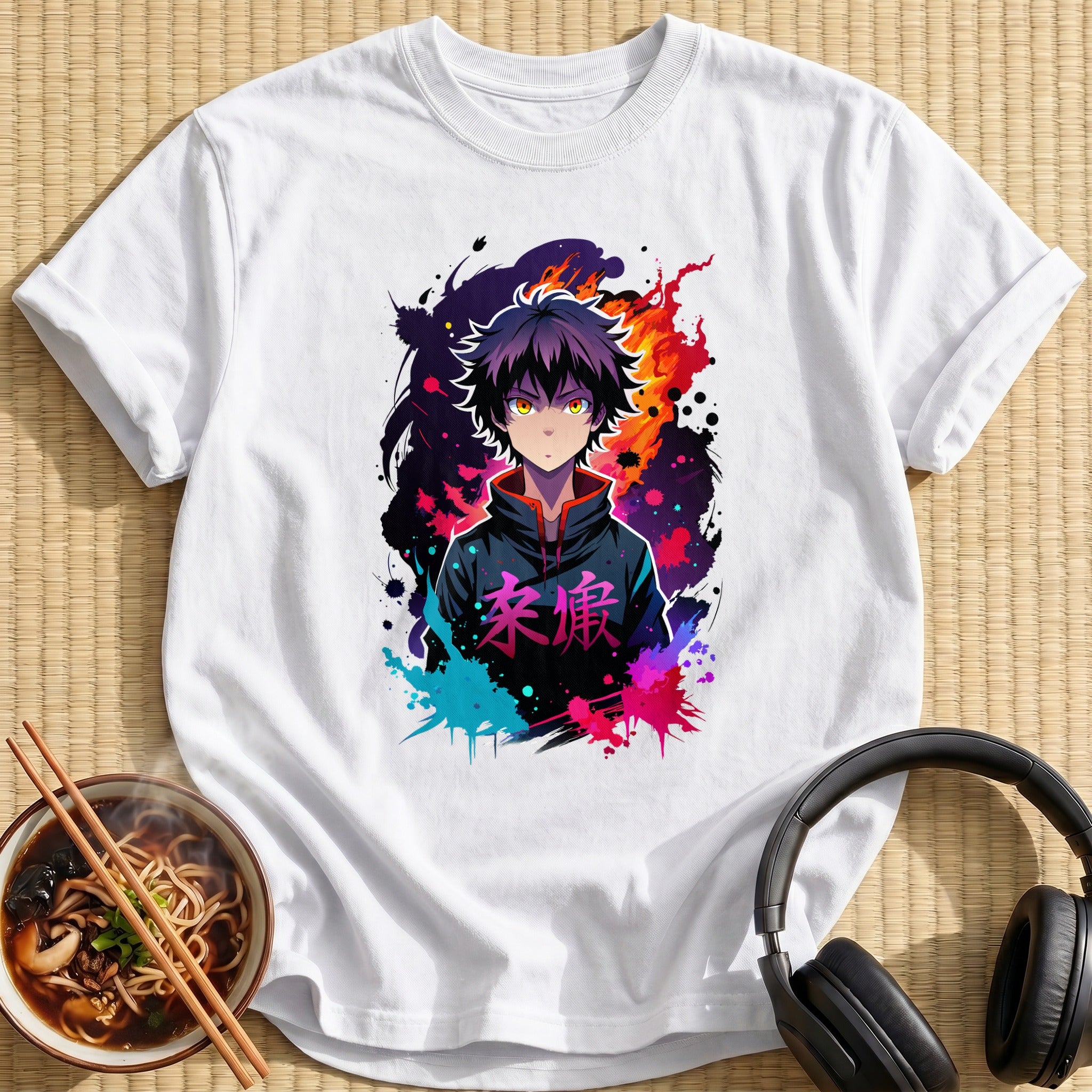 Colorful Ink Splatter Anime Boy Flames - White