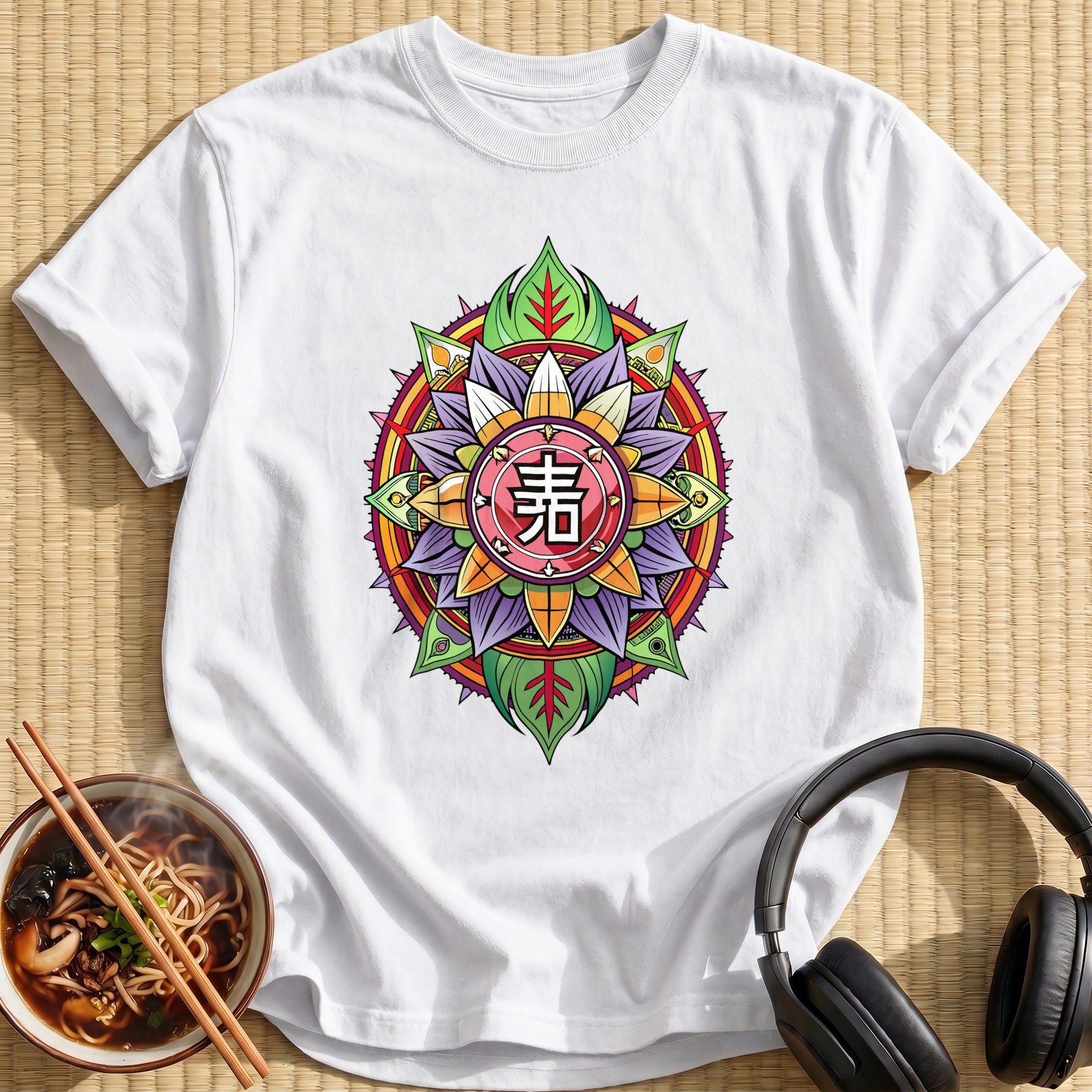 Colorful Japanese Kanji Mandala Flower - White