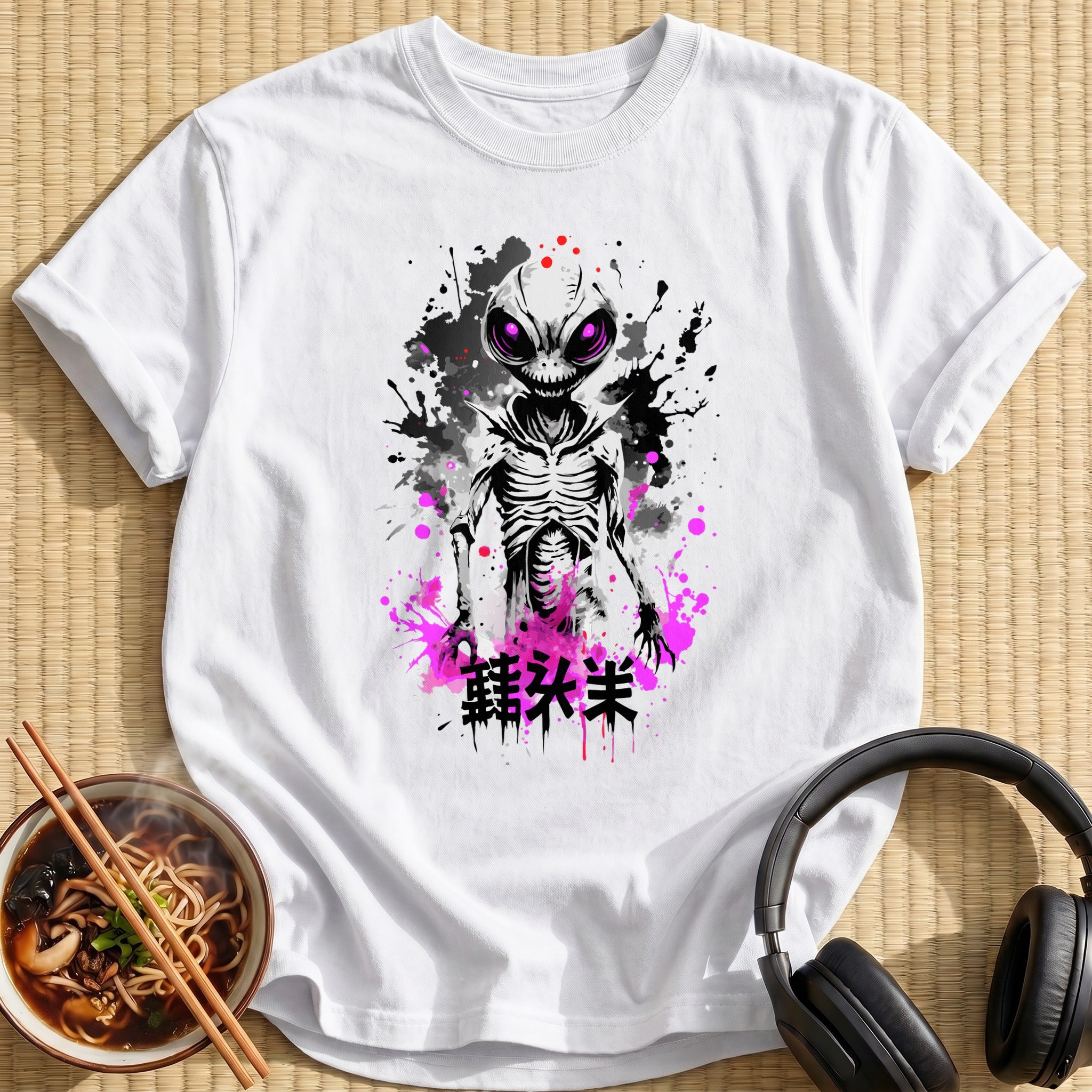 Creepy Grinning Alien Ink Splatter - White