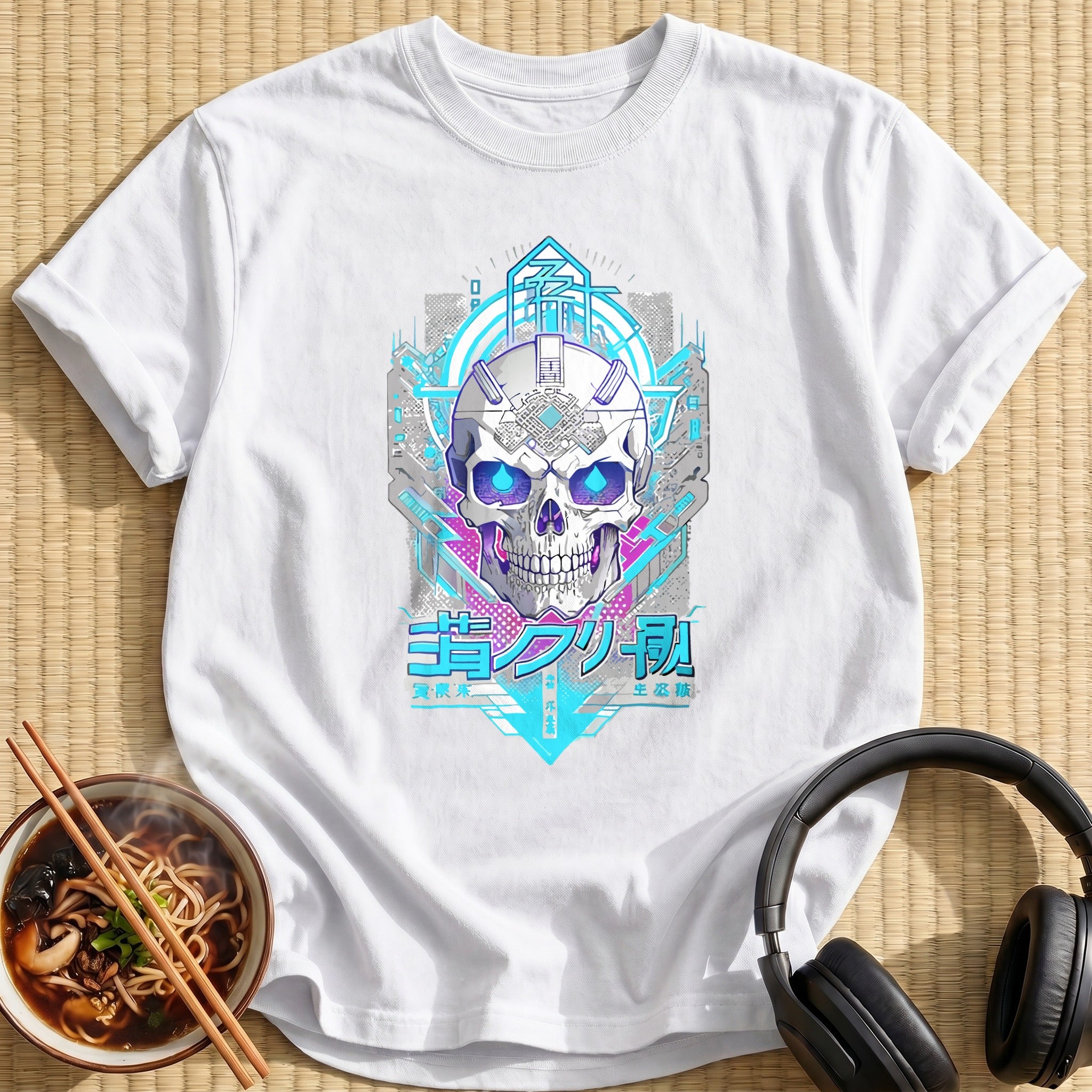 Cyberpunk Blue Cyborg Tech Skull - White
