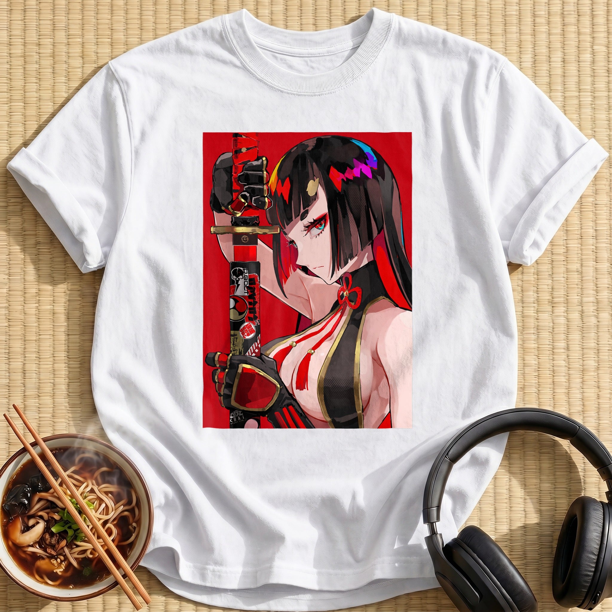 Fierce Katana Warrior Waifu Red Background - White
