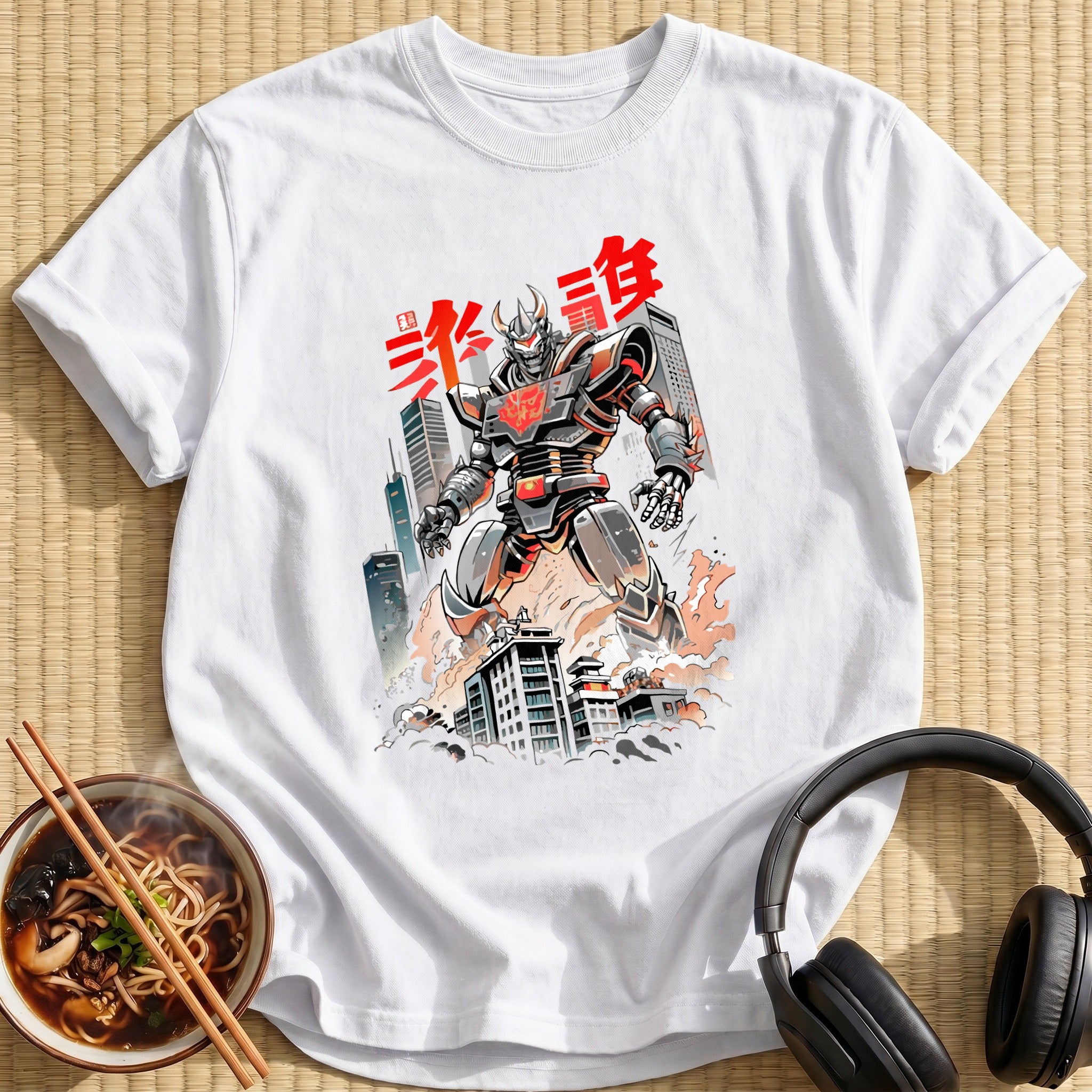 Giant Mecha Robot Destroying City Skyline - White