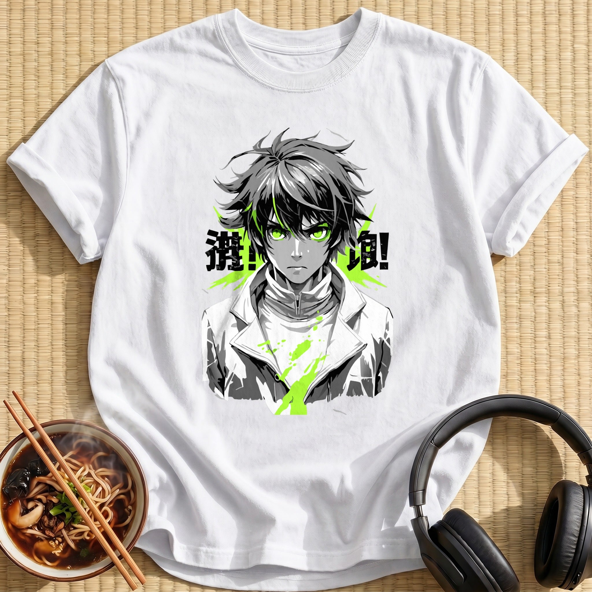 Green Eyed Anime Boy Monochrome Portrait - White