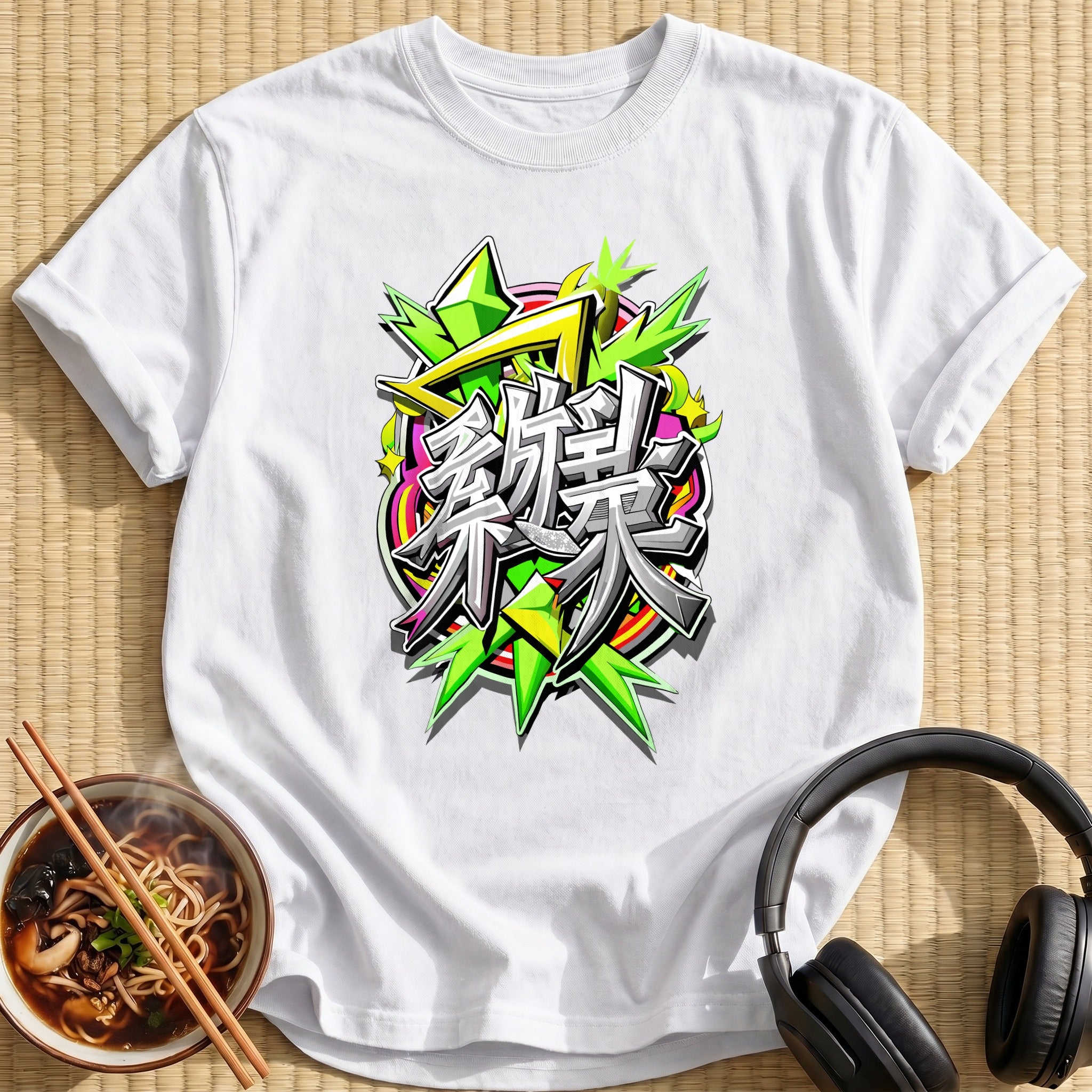 Green Graffiti Japanese Kanji Lettering Art - White