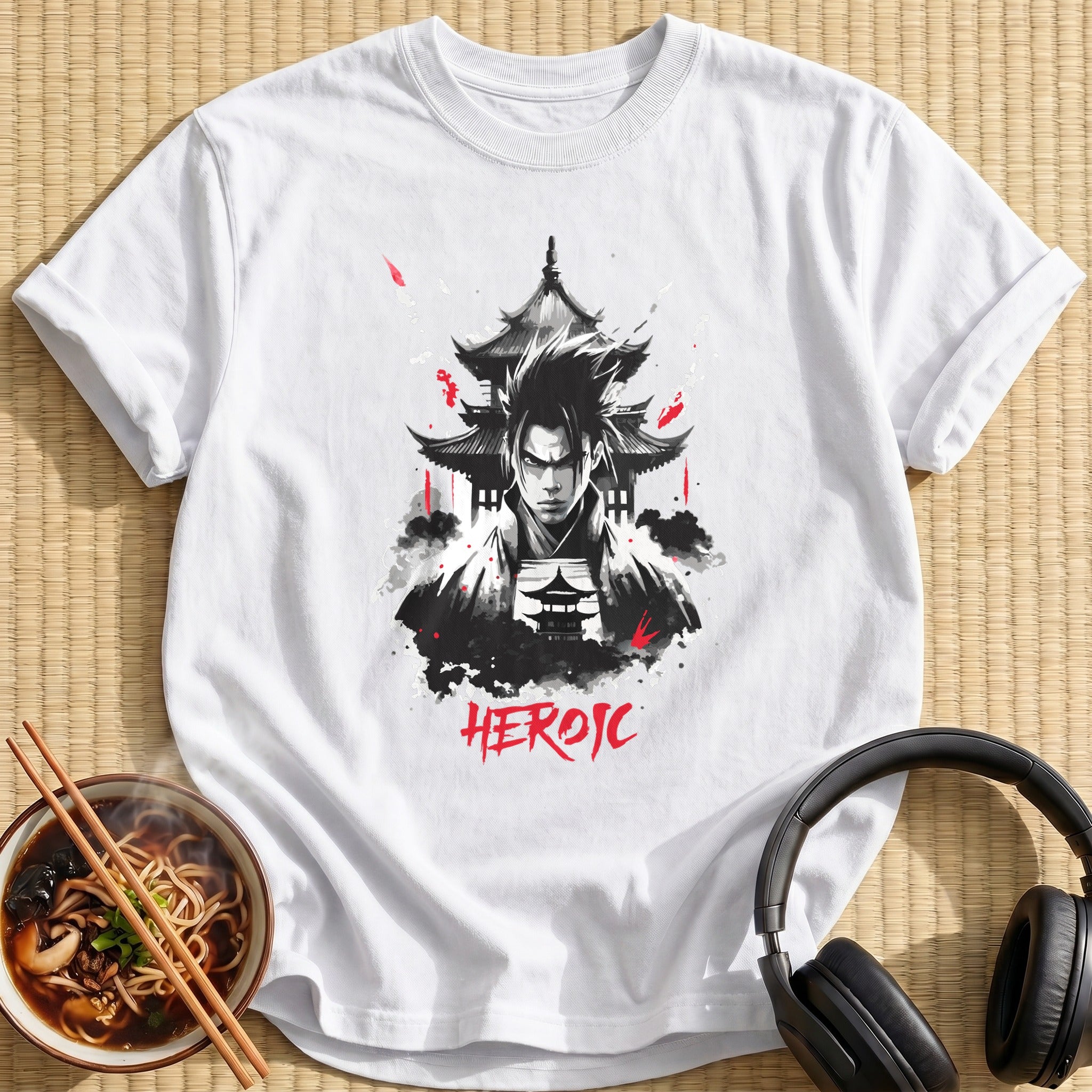 Heroic Samurai Warrior Pagoda Ink Portrait - White