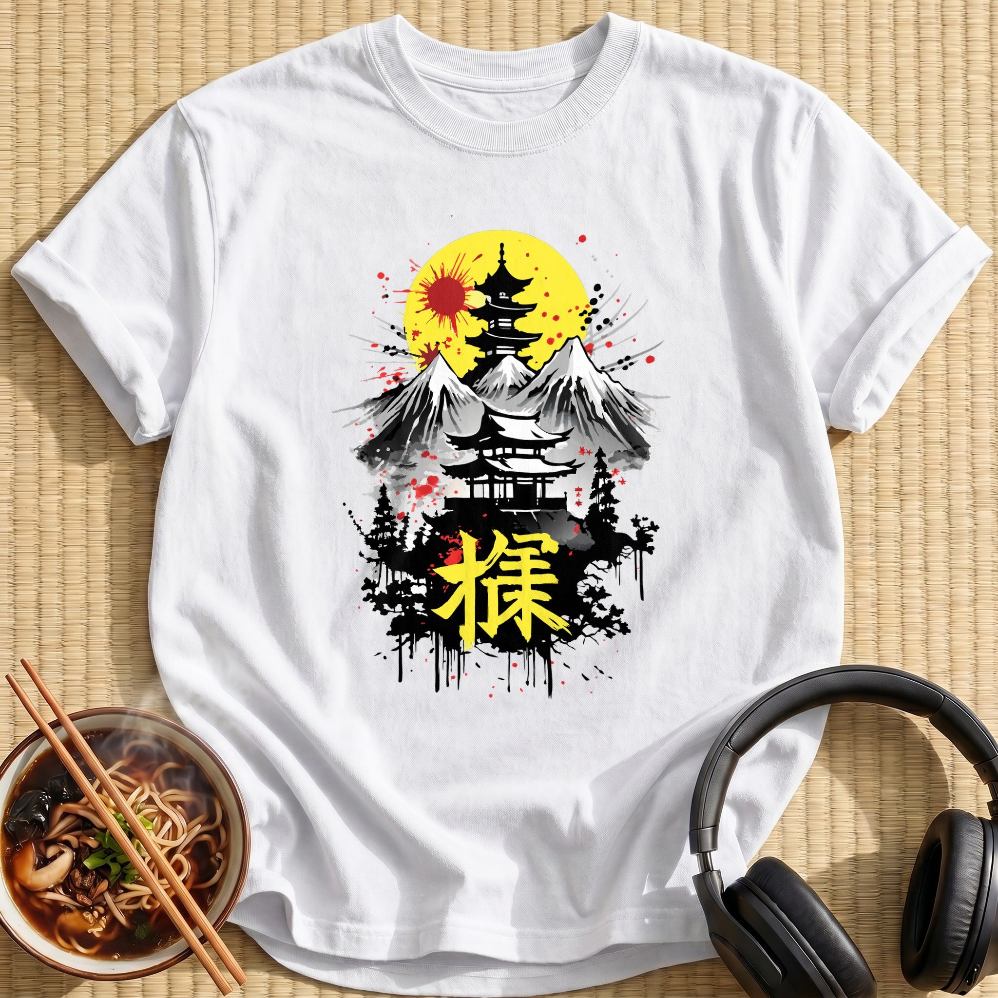 Japanese Pagoda Mountains Red Sun - White