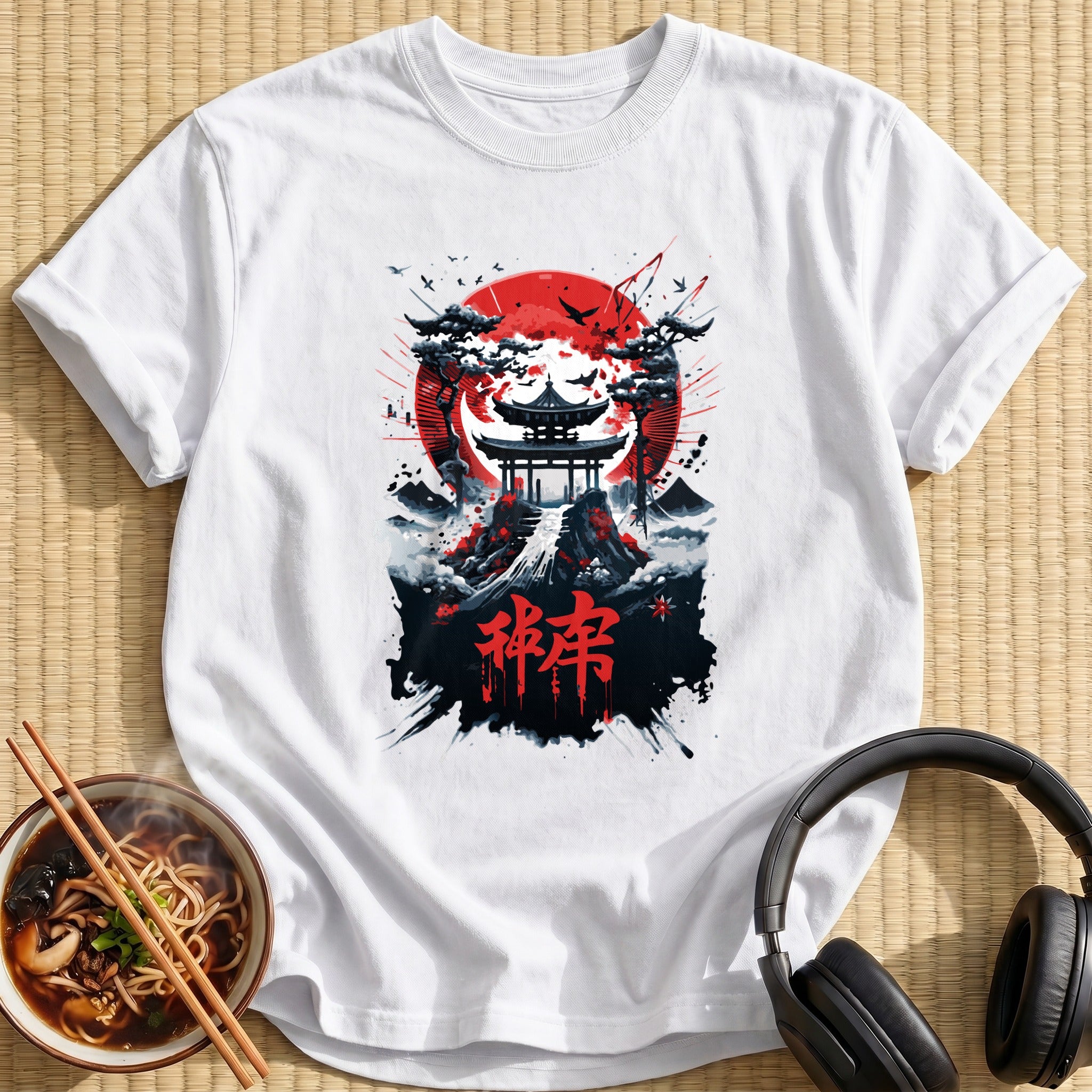 Japanese Temple Red Sun Landscape - White