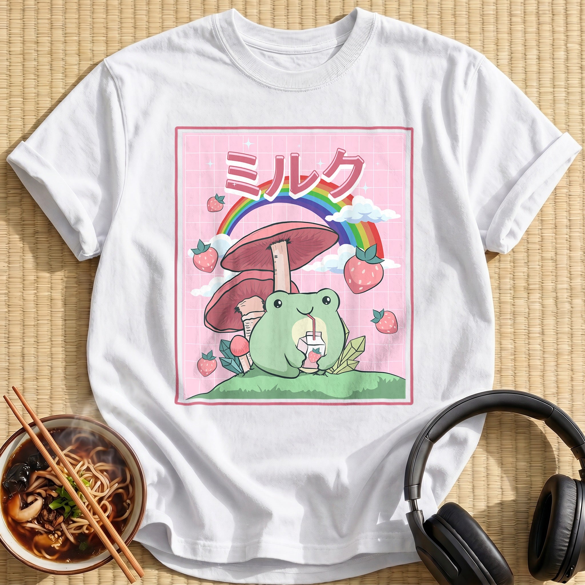 Kawaii Frog Mushroom Rainbow Strawberries - White