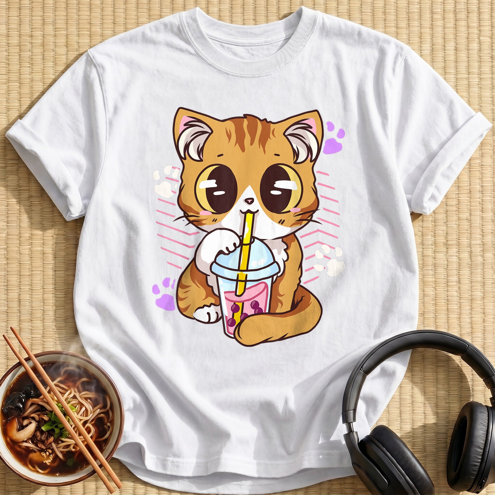 Kawaii Kitten Sipping Bubble Tea - White