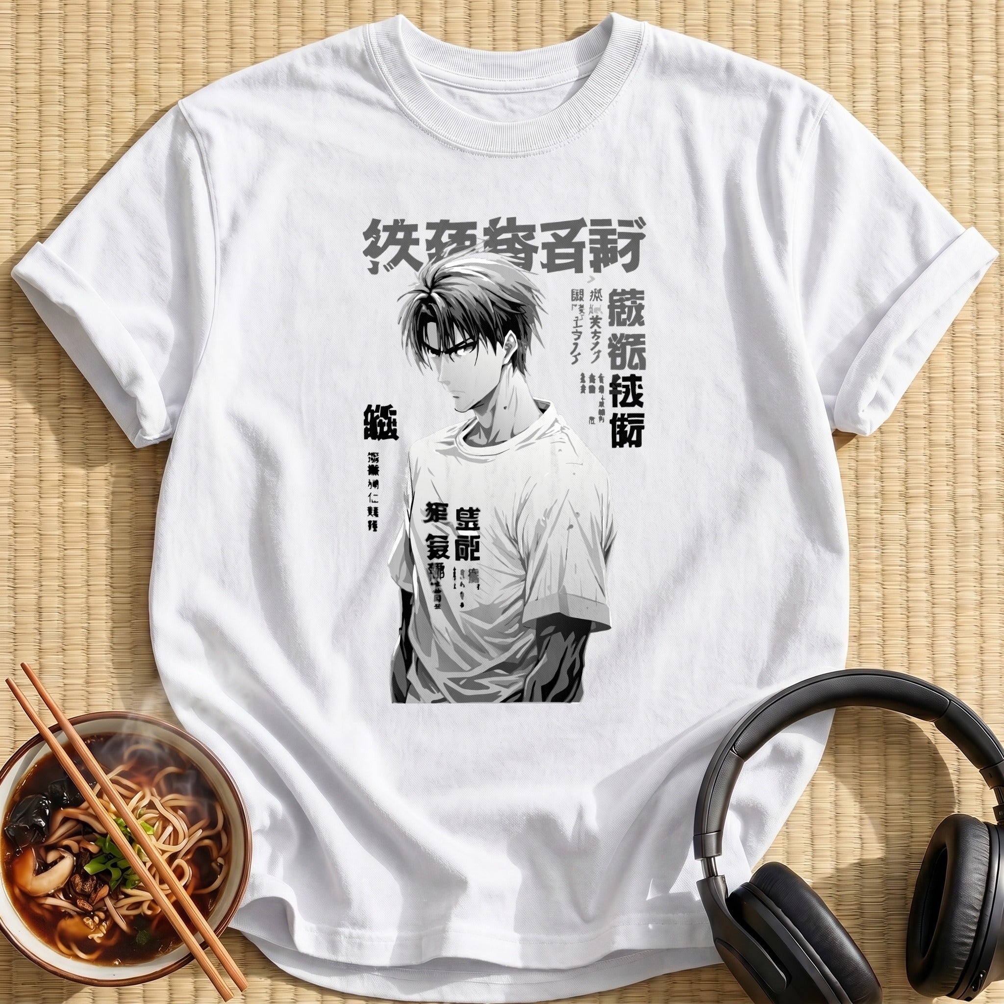 Monochrome Anime Man Casual Tee Portrait - White