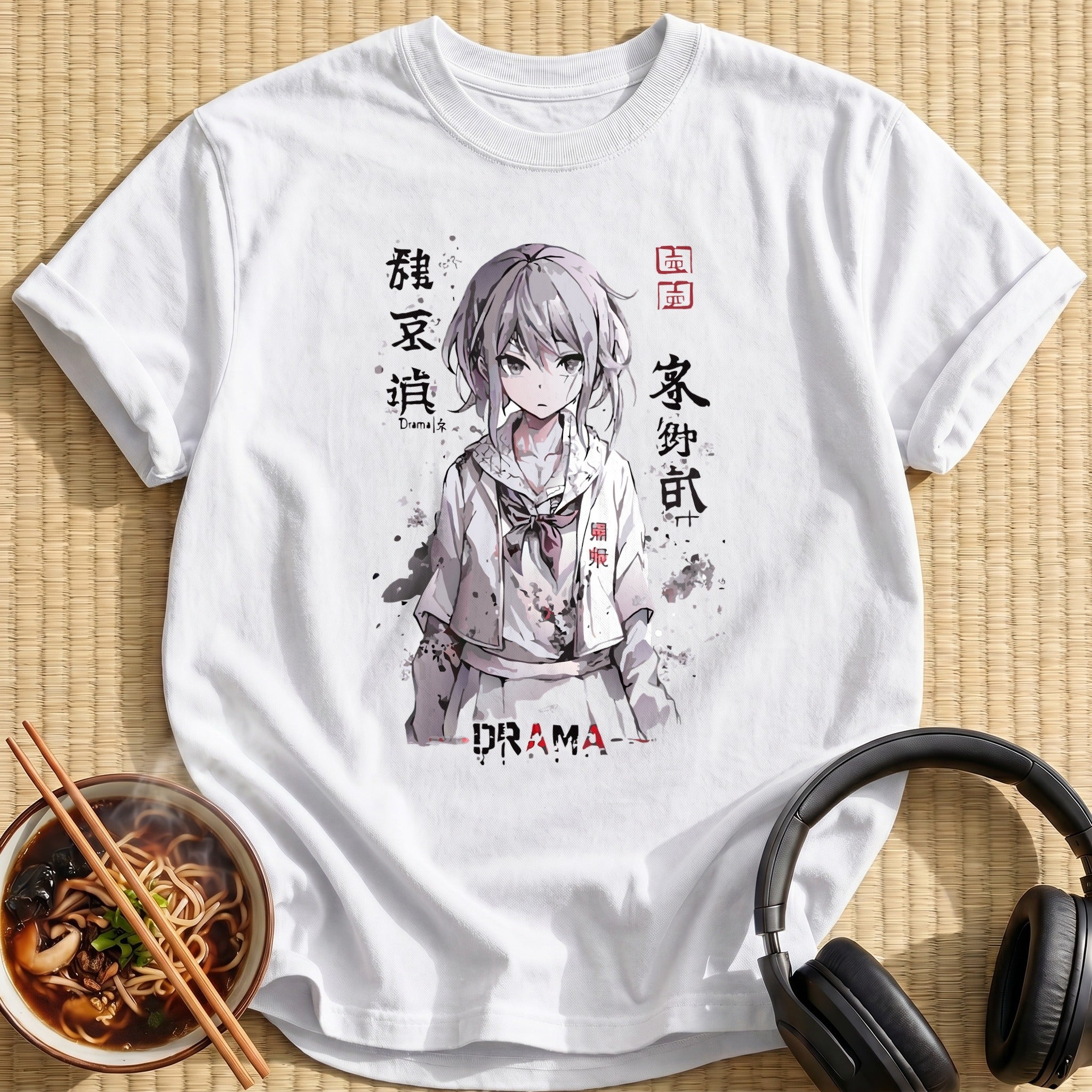 Moody Grey Anime Schoolgirl Portrait - White