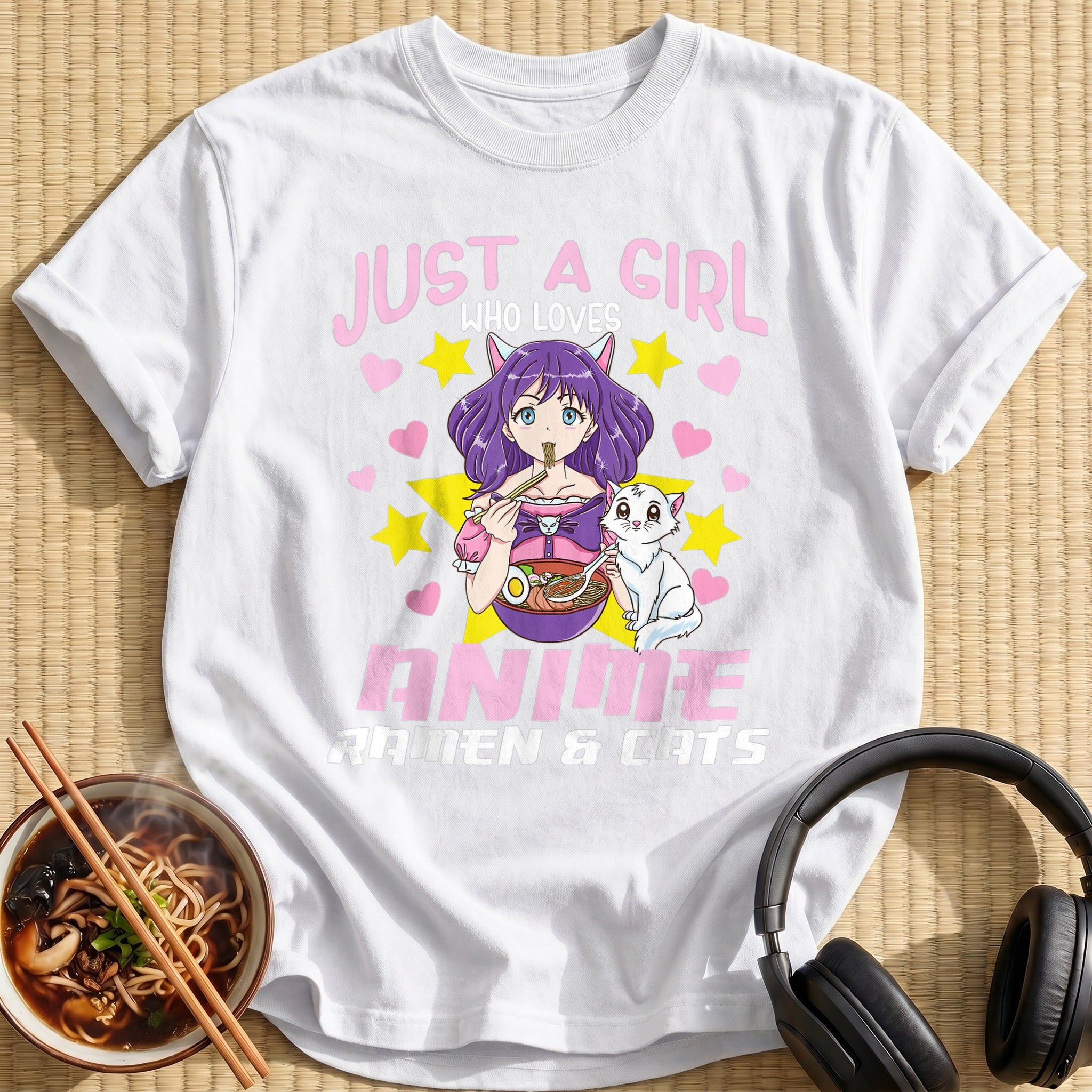 Purple Girl Eating Ramen White Cat - White