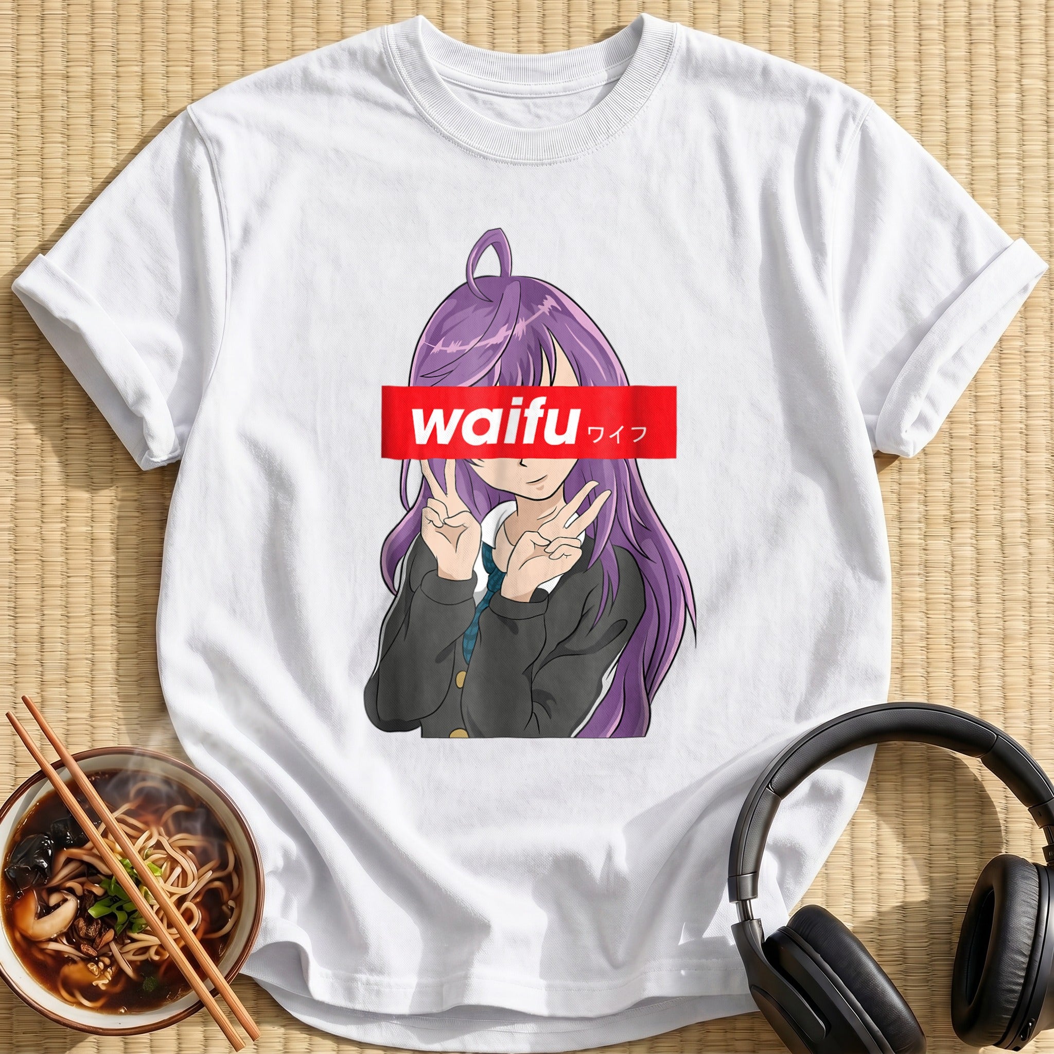 Purple Haired Waifu Peace Sign Girl - White