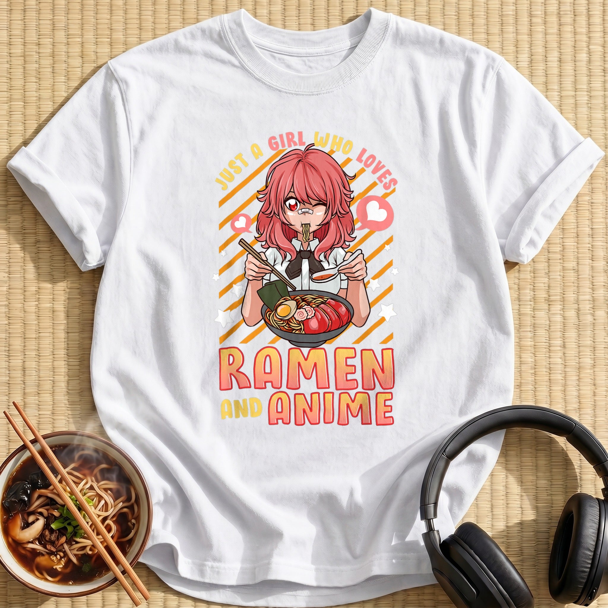 Red Haired Girl Eating Ramen Noodles - White