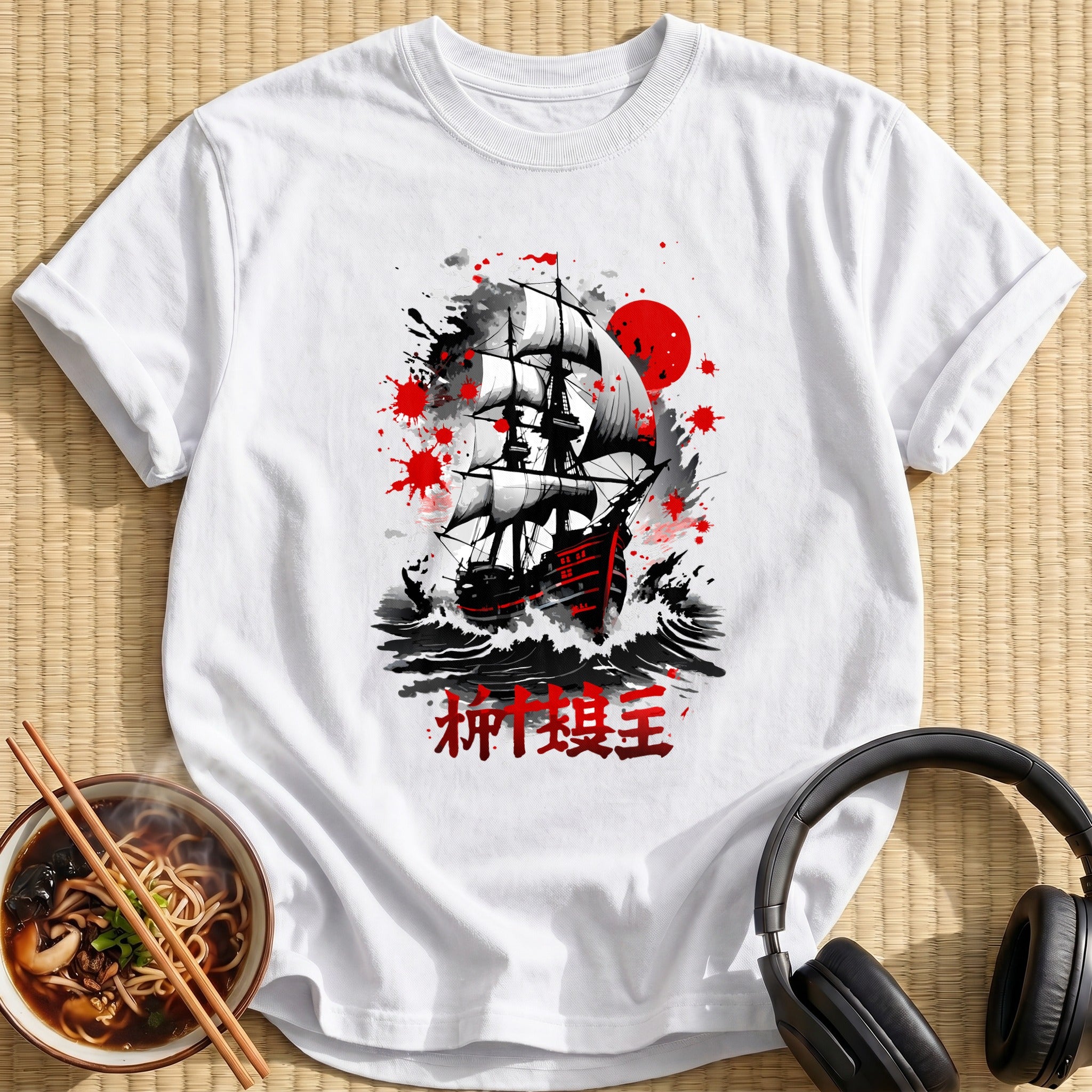 Red Sun Pirate Ship Inksplatter - White