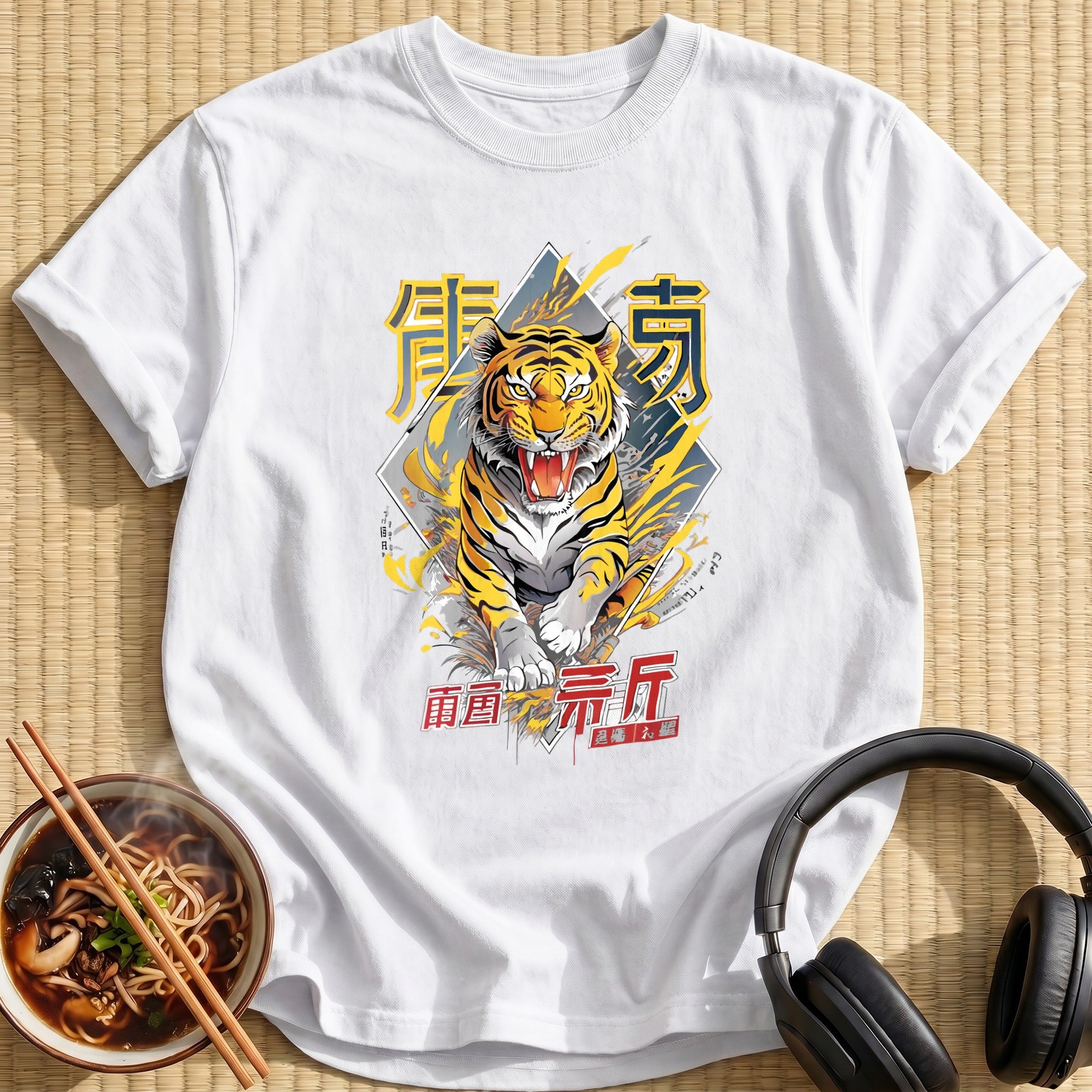 Roaring Yellow Tiger Lightning Kanji - White