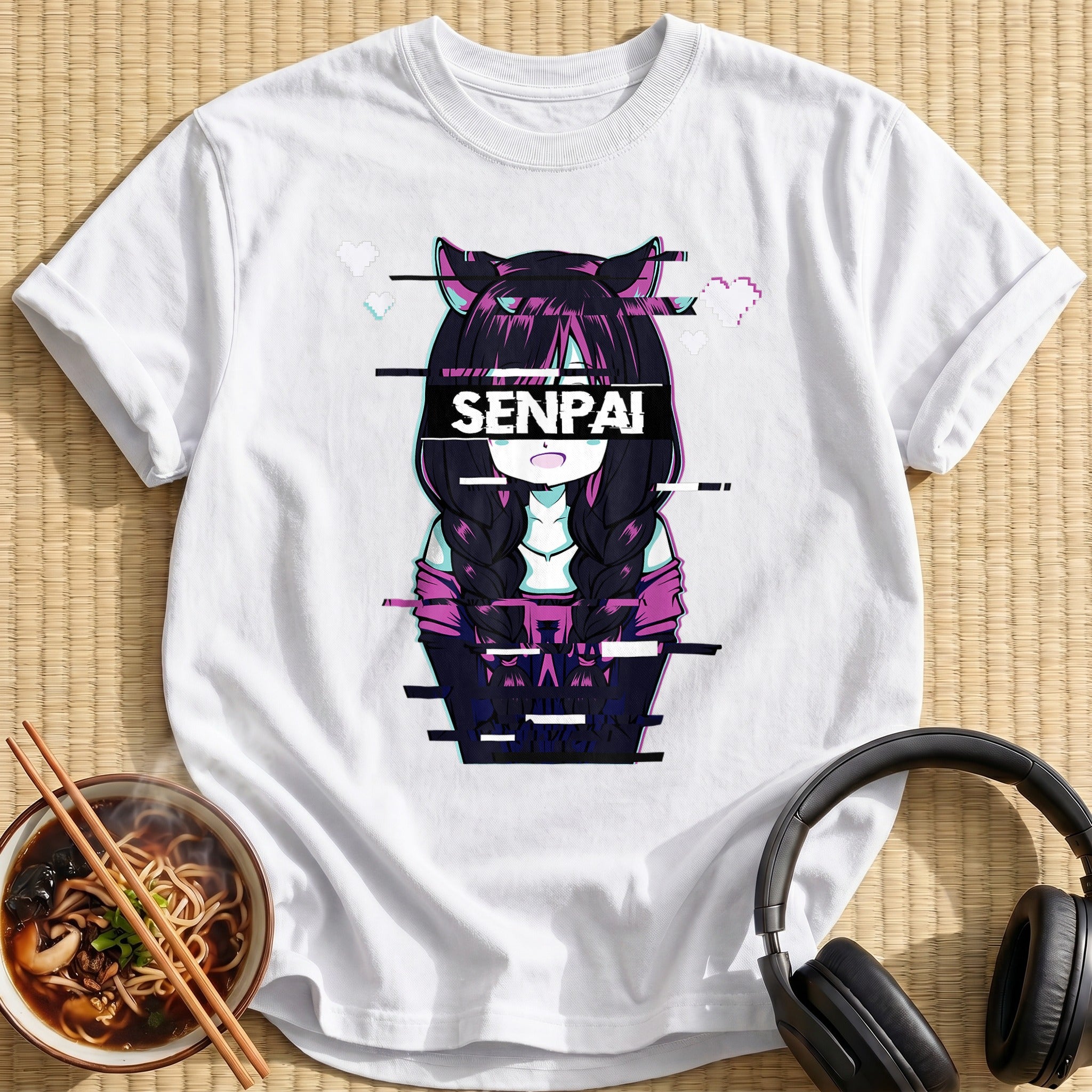 Senpai Cat Girl Glitch Vaporwave - White