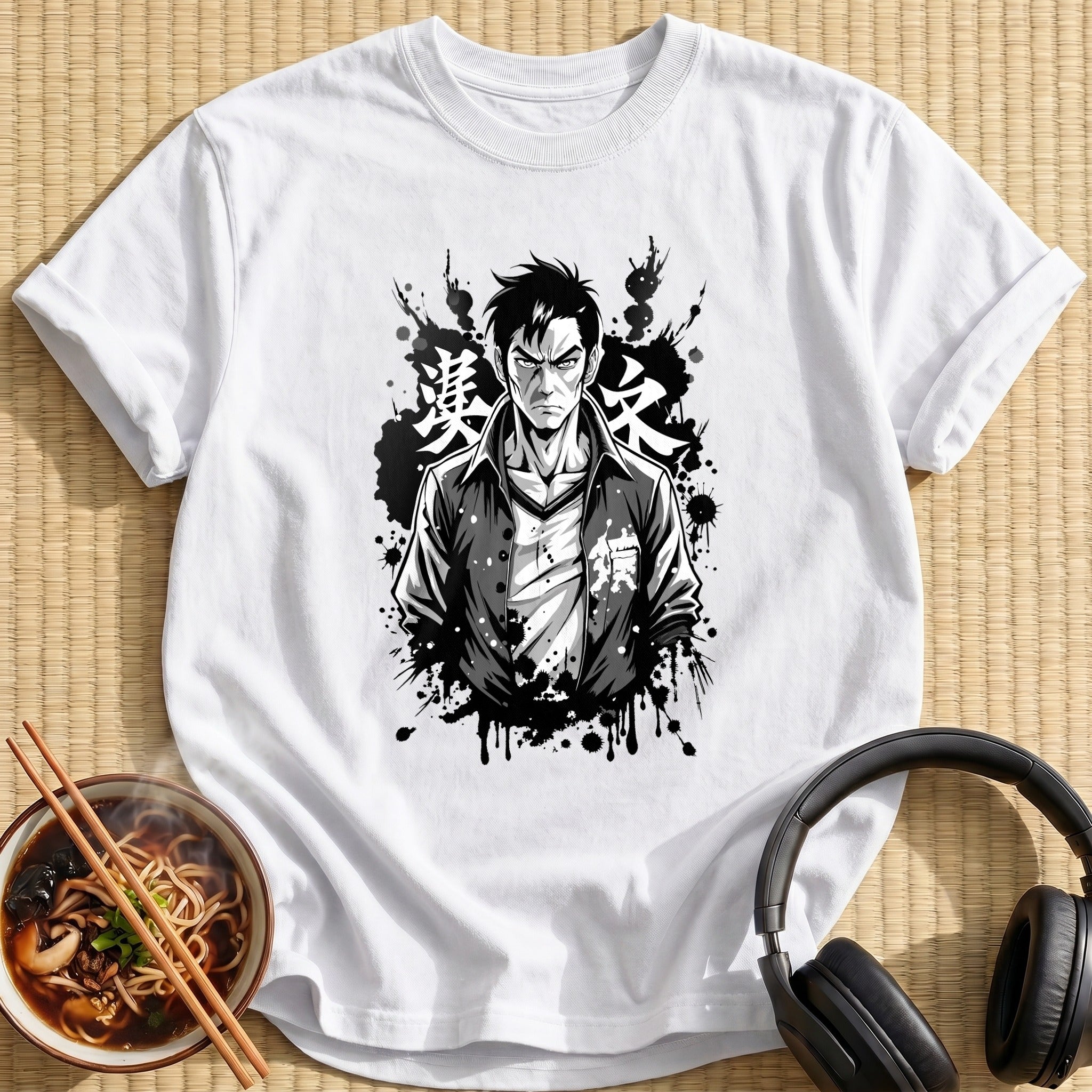 Serious Manga Man Ink Splatter - White