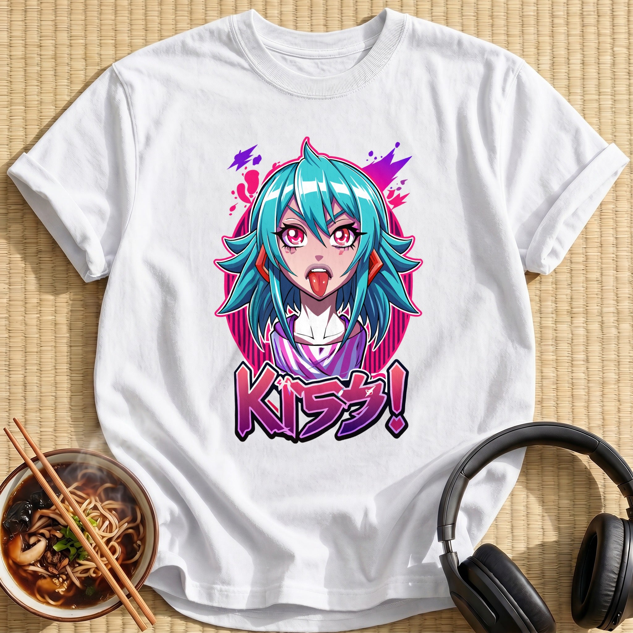 Teal Hair Anime Girl Kiss - White