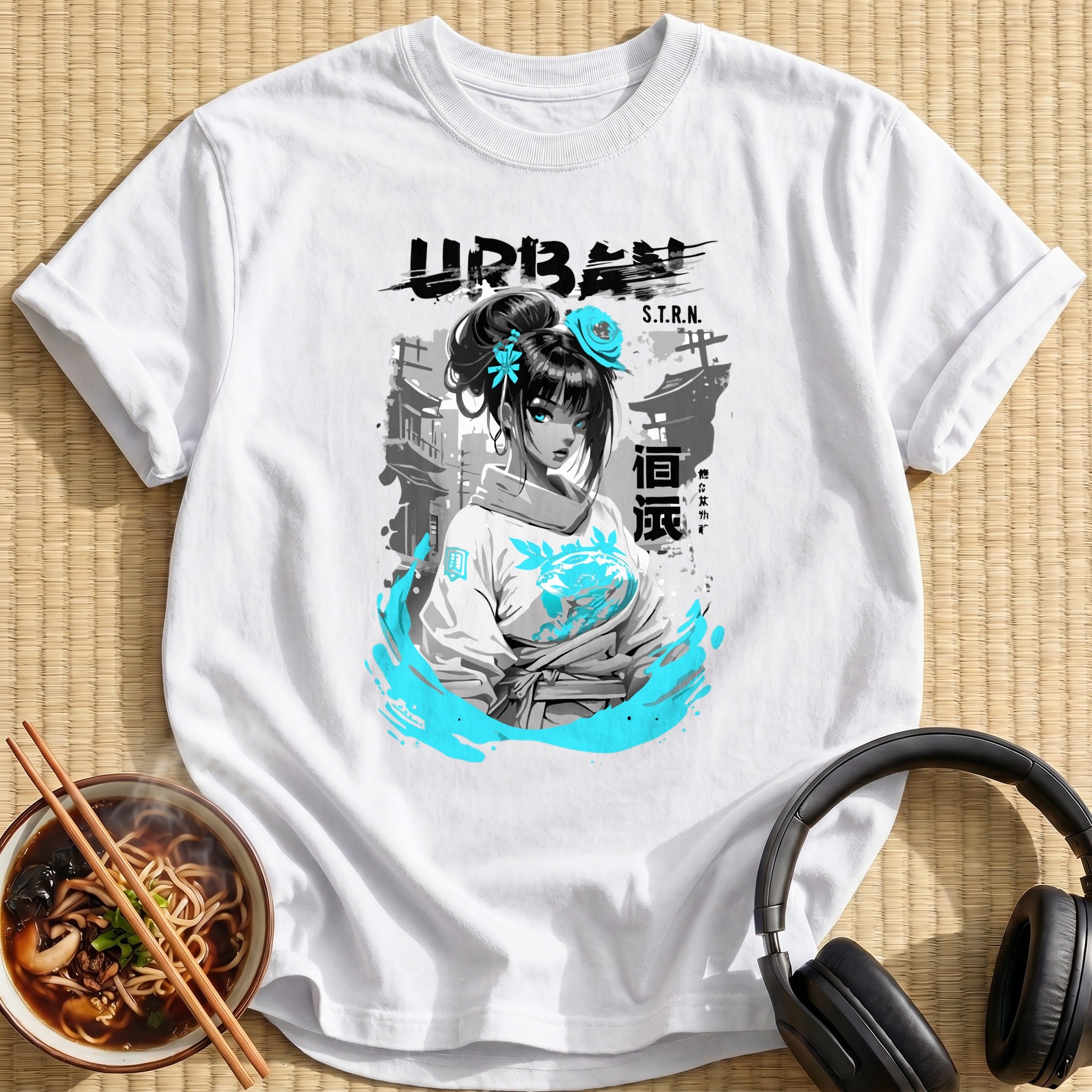 Urban Streetwear Anime Girl Cyan - White
