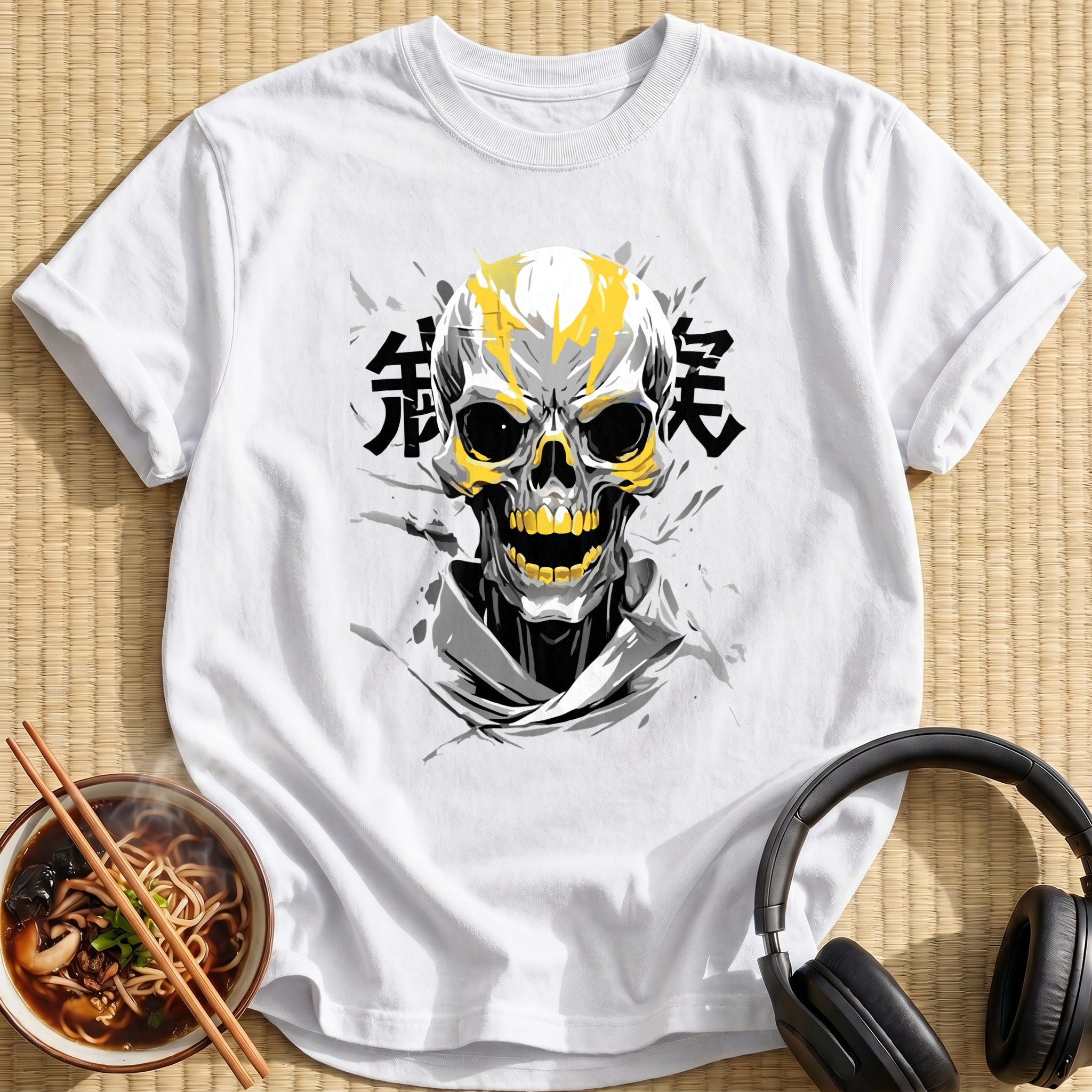 Yellow Flame Grinning Human Skull - White
