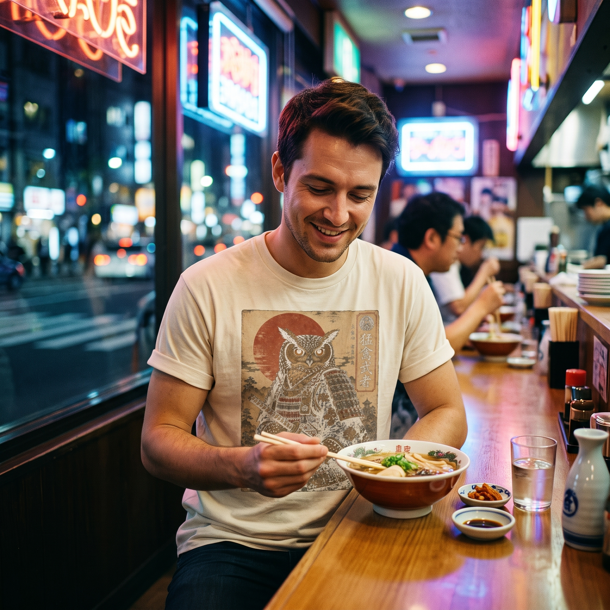 Armored Owl Warrior tee at a late-night ramen bar